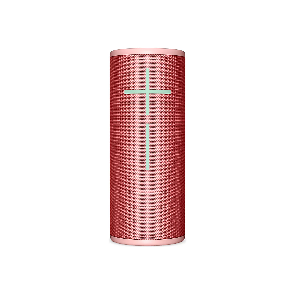 Haut-parleur cylindrique rouge et rose, avec une croix verte au centre.