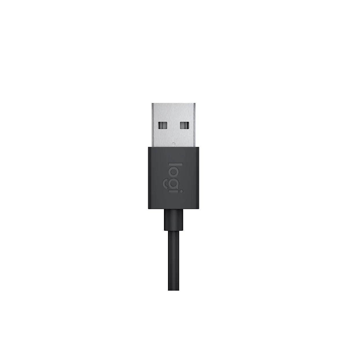 Gros plan d'un câble USB noir avec logo. Le connecteur USB est argenté.