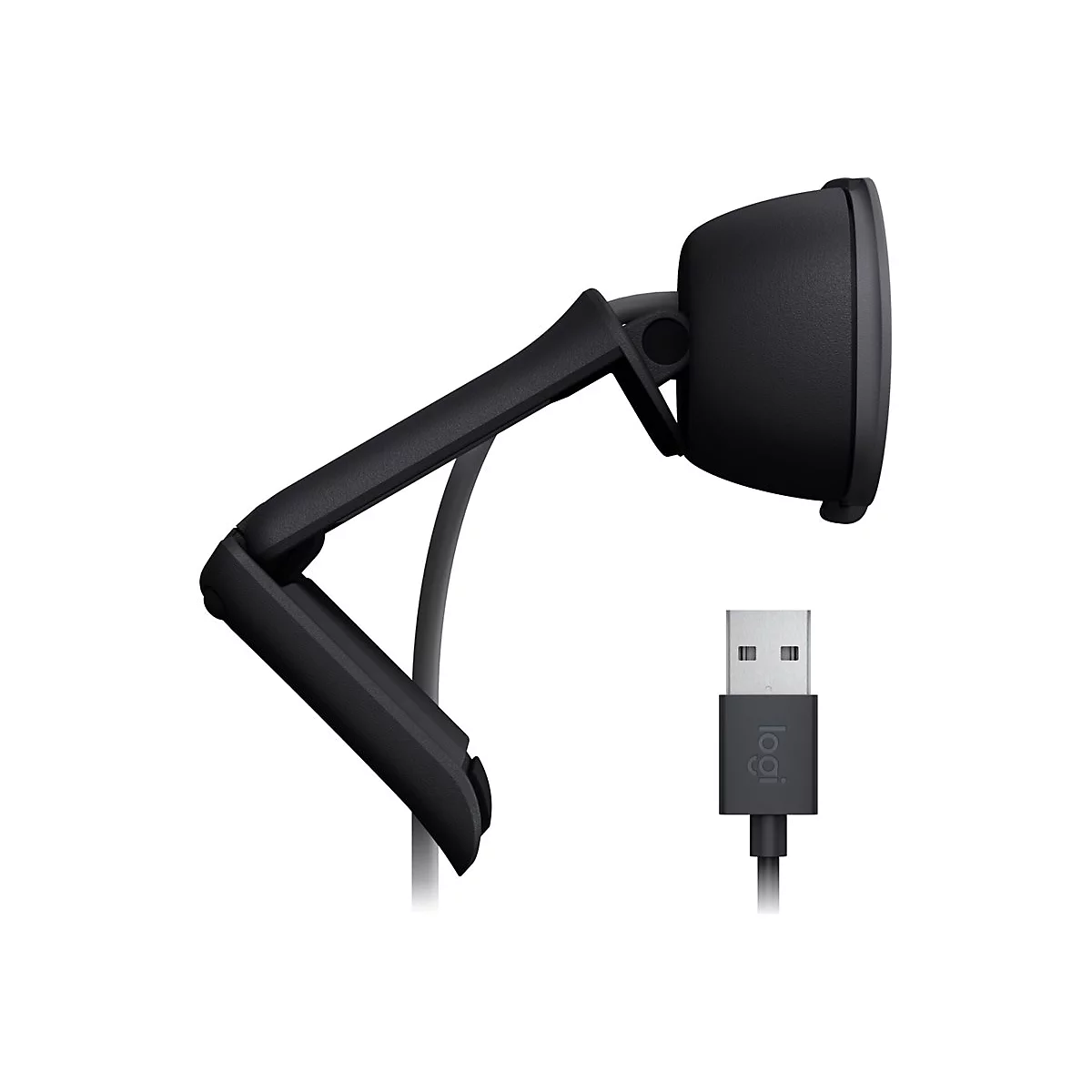 Schwarze Webcam, montiert auf einem verstellbaren Arm, mit USB-Stecker. Der Name "Logi" ist auf dem Stecker zu sehen.