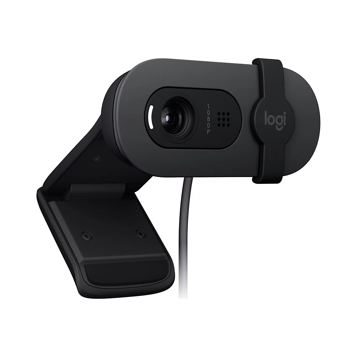 Schwarze Logitech Webcam, Blick auf die Linse und das Logo. Text: 1080p.