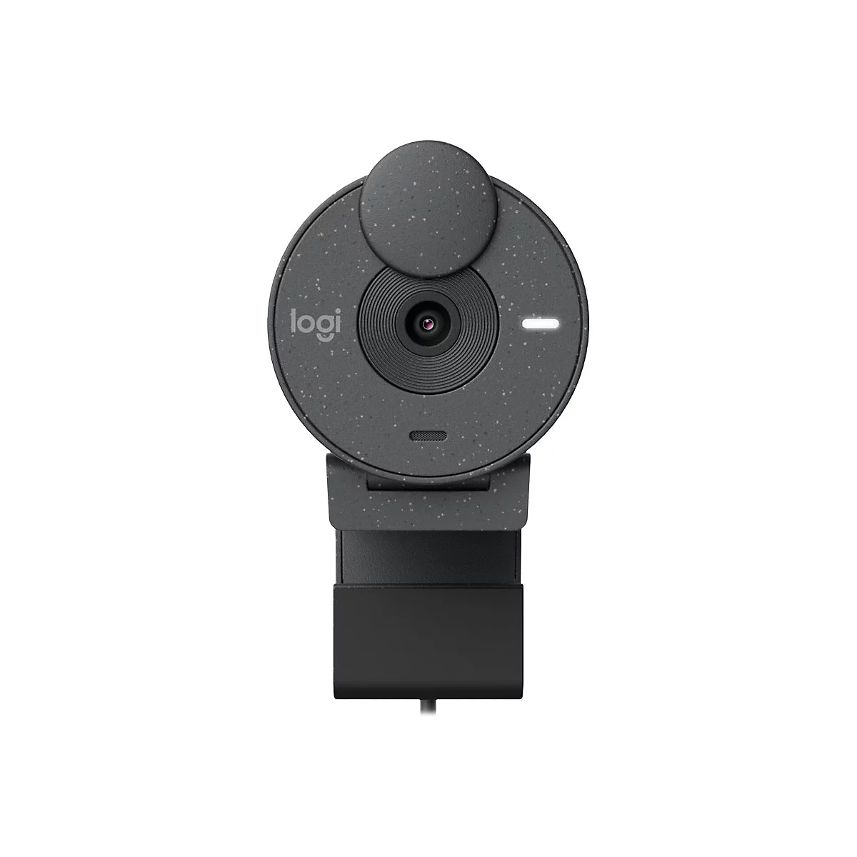 Graue Logitech Webcam. Rundes Design mit Kamera und LED-Anzeige. Der Name 'logi' ist auf der Front sichtbar.
