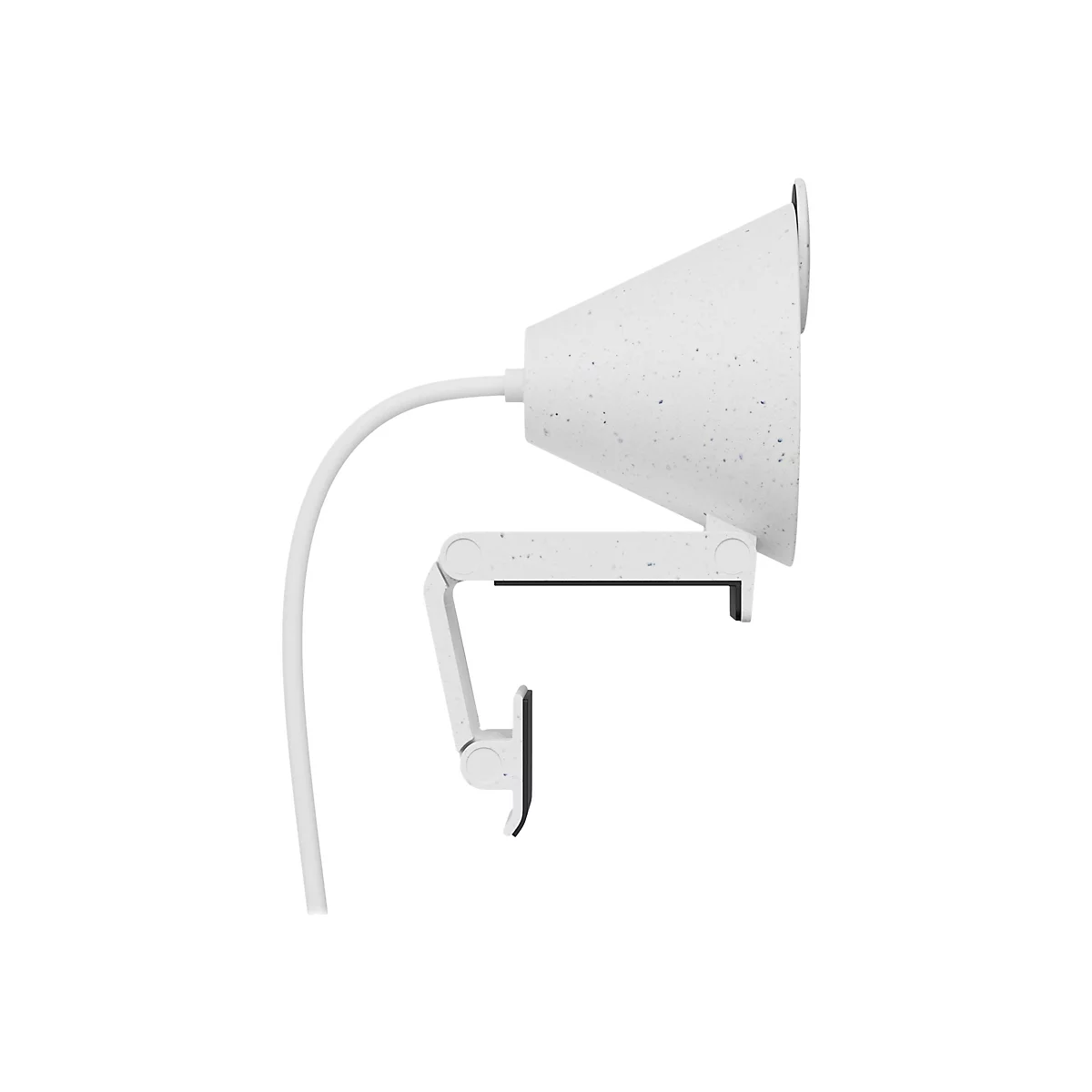 Eine weiße, konische Kamera mit blauen Punkten, die an einem beweglichen, weißen Arm befestigt ist. Ein weißes Kabel ist sichtbar.