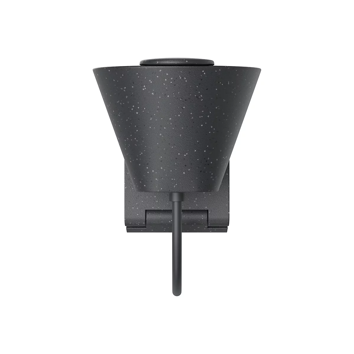 Eine dunkle Wandleuchte, die auf einer weißen Oberfläche montiert ist. Das Design ist minimalistisch und zylindrisch, mit einer kegelförmigen Lampenabdeckung und einer rechteckigen Halterung.