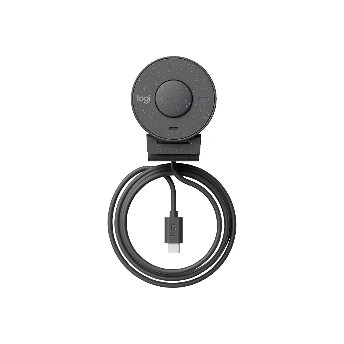 Dunkelgraue Logitech Webcam mit rundem Kopf und USB-Kabel. Auf dem Kopf ist das Logitech-Logo.