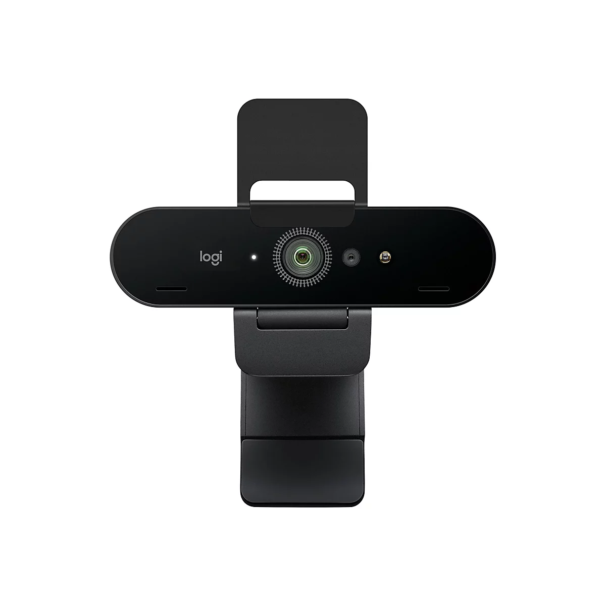 Webcam Logitech noire avec microphone intégré, logo, objectif et support.