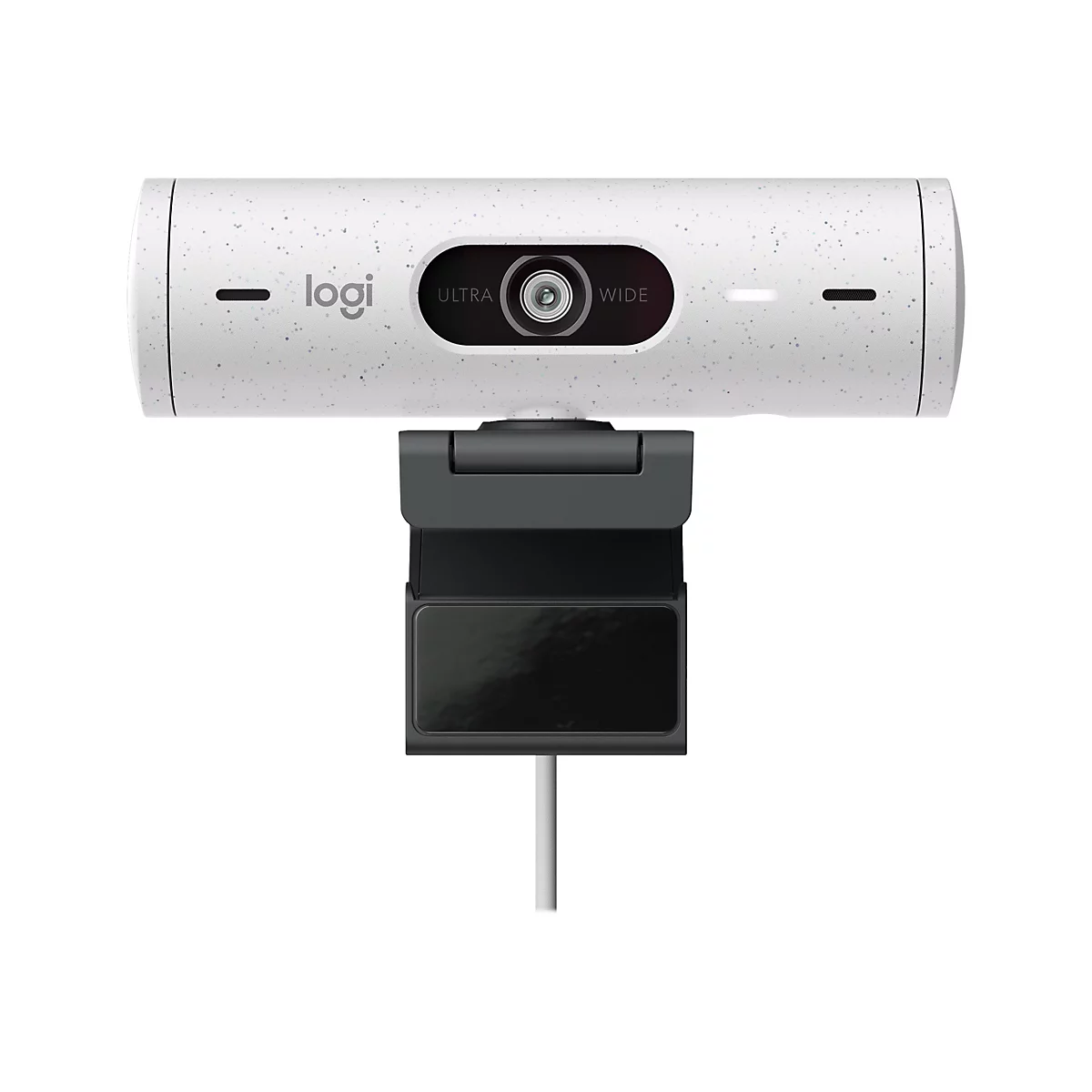 WeiÃŸe Webcam mit Logo, ULTRA WIDE-Schriftzug und Halterung.