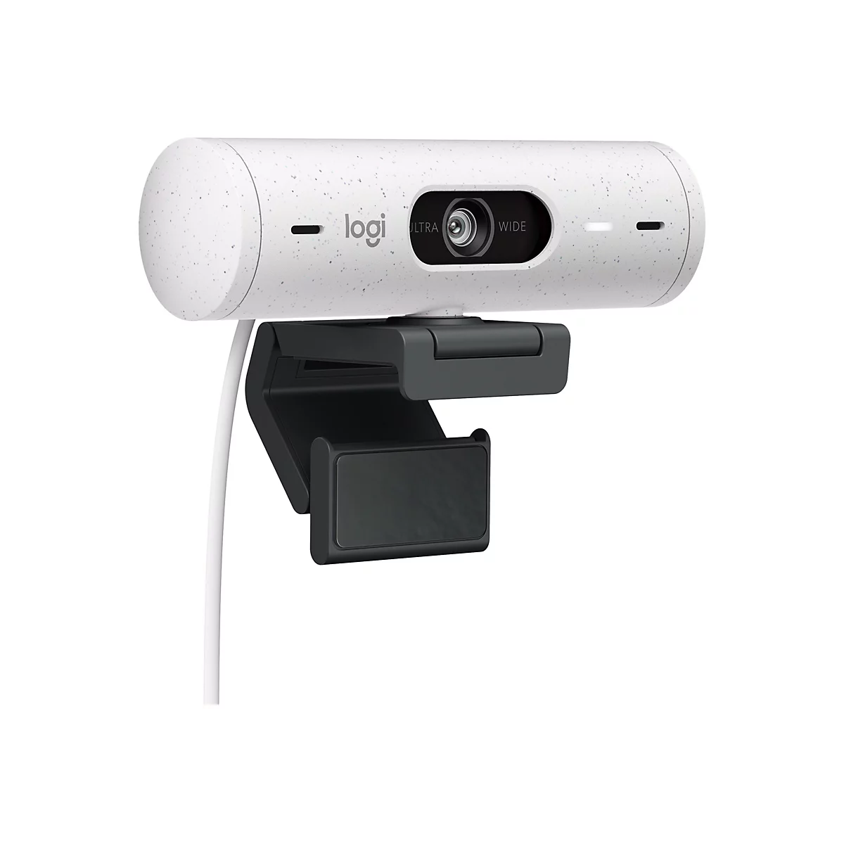 WeiÃŸe Webcam mit Logo von Logitech, an Halterung montiert, Detailaufnahme.