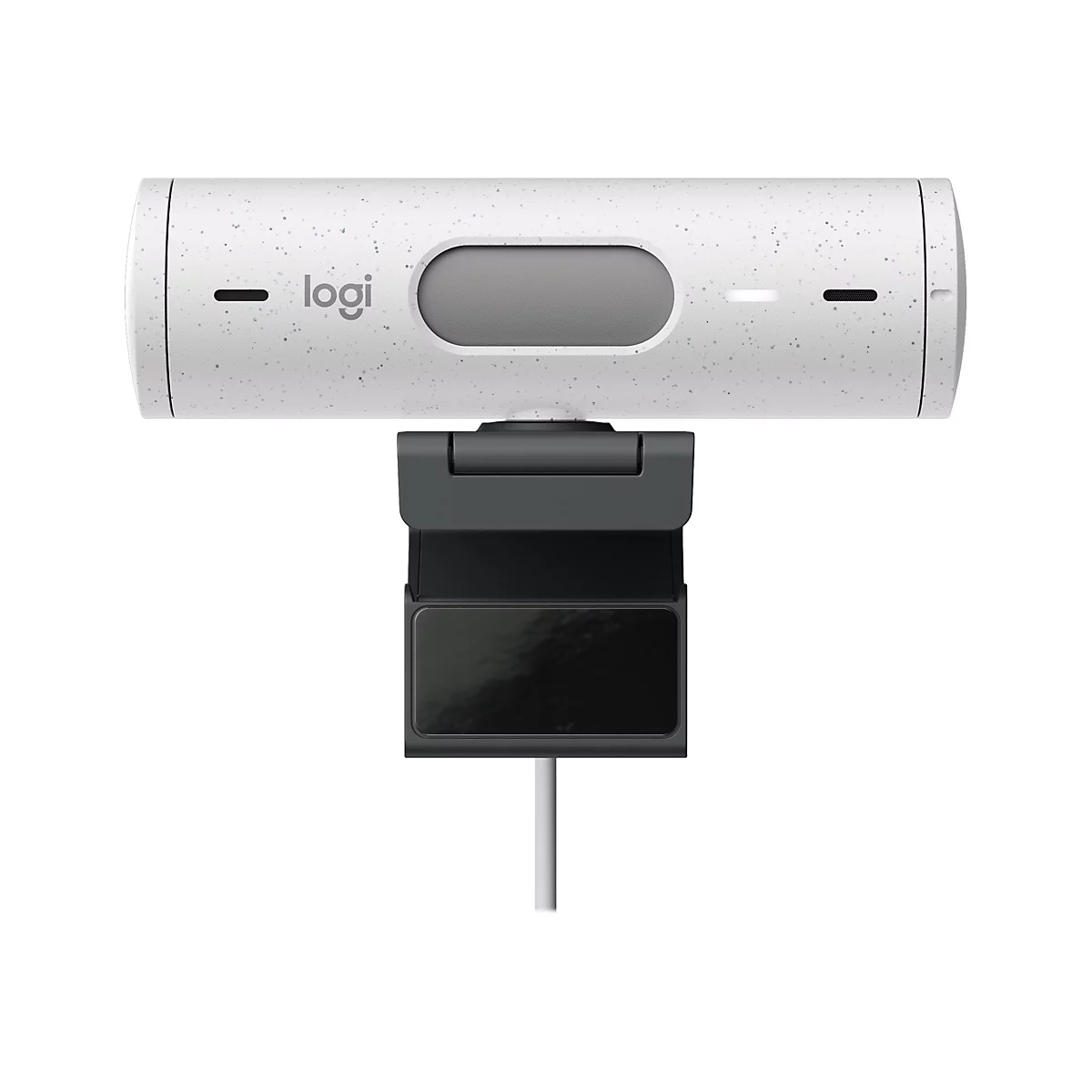 Webcam, weiÃŸ mit grauem Einsatz und Logoschriftzug 'logi'. Schwarzer Halter und Kabel.