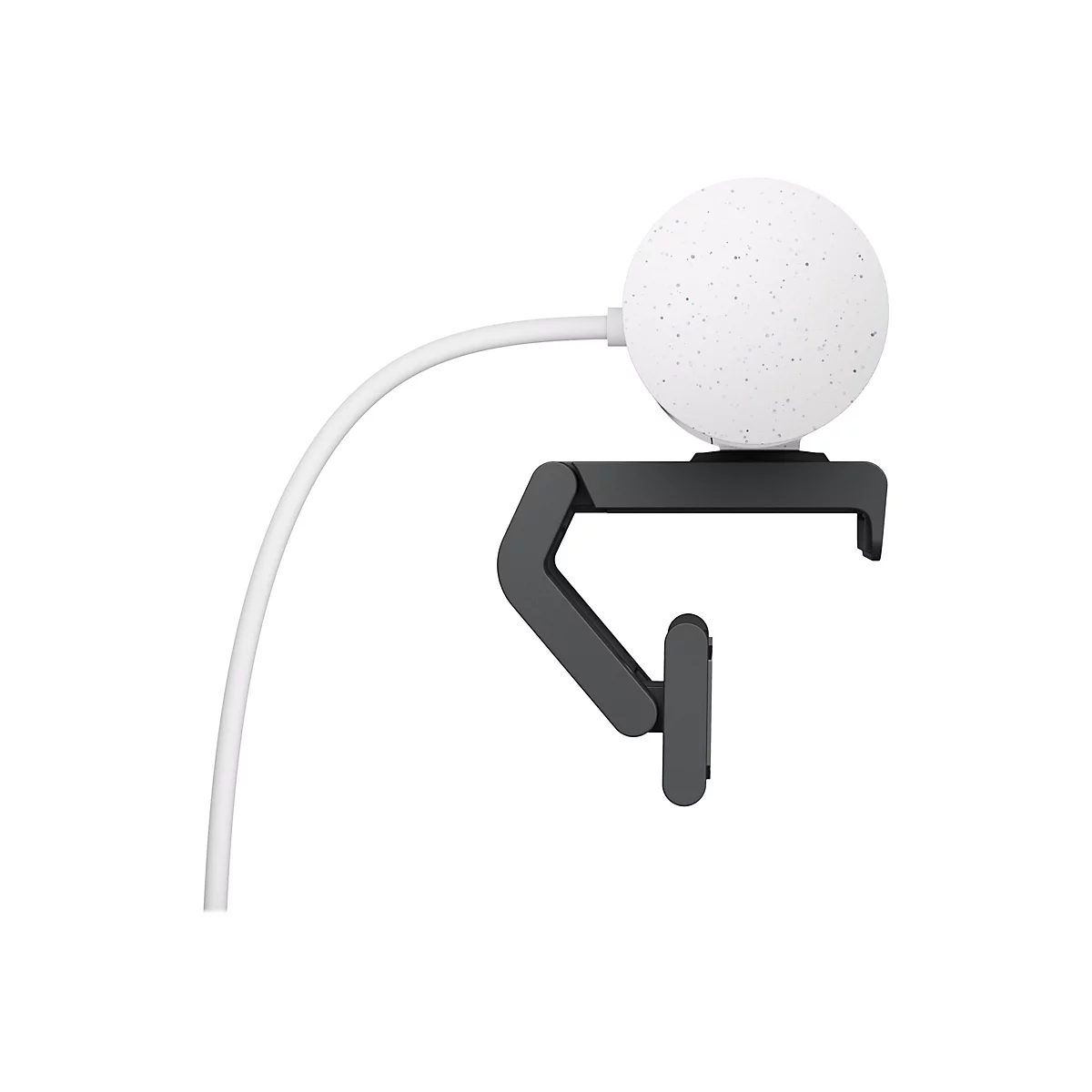Webcam mit Kugelform, weiÃŸ mit grauen Sprenkeln, an grauer Halterung. WeiÃŸes Kabel.
