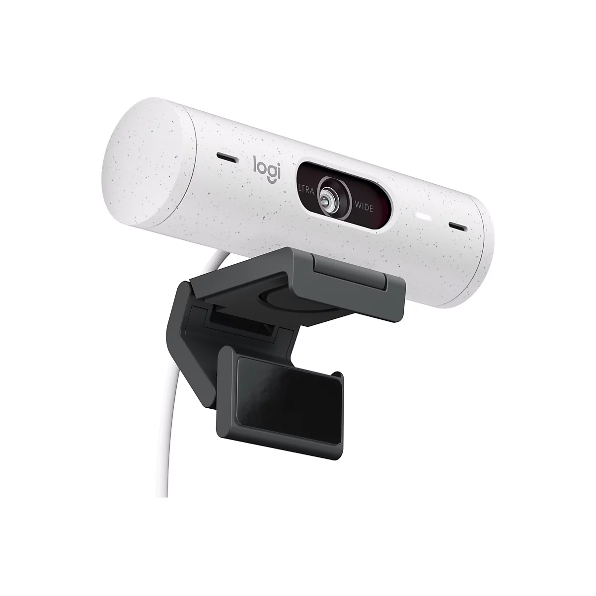 Eine weiÃŸe Webcam mit Halterung. Das Objektiv ist in einem lÃ¤nglichen GehÃ¤use untergebracht, auf dem logi steht.