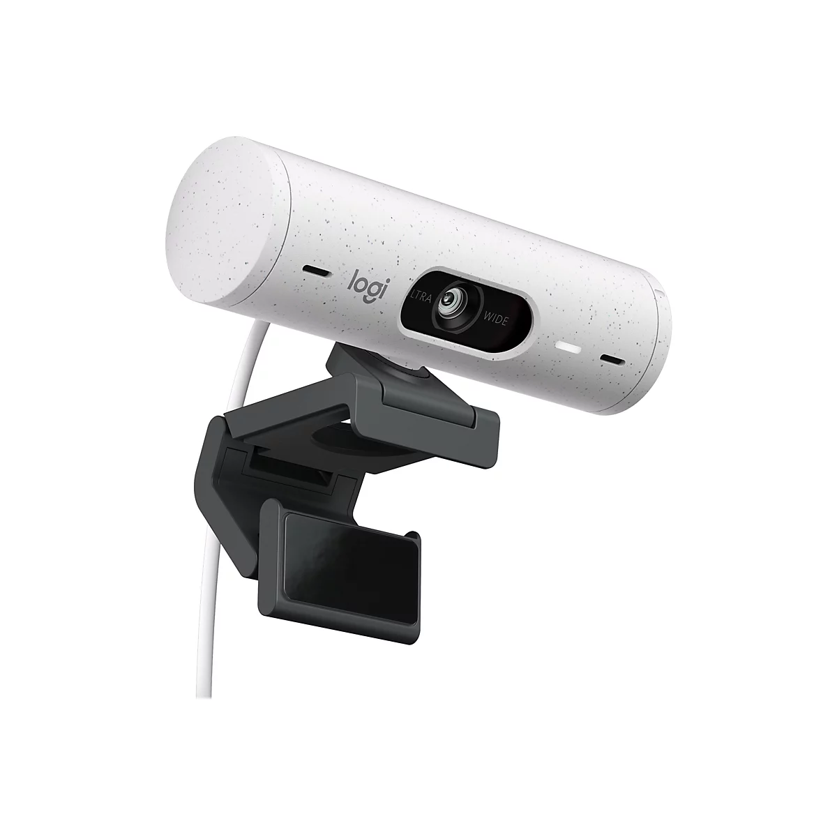 WeiÃŸe Logitech Webcam mit schwarzer Halterung. Aufschrift 'logi'.