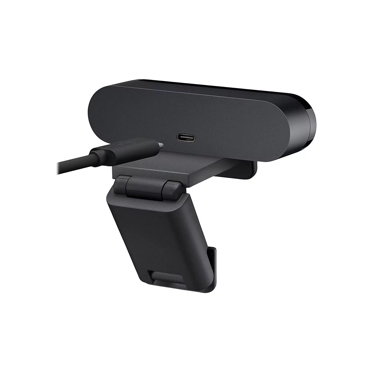 Schwarze Webcam mit USB-C Anschluss und verstellbarem StÃ¤nder.