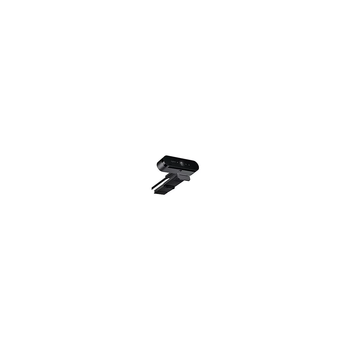 Schwarze Logitech Webcam mit integriertem Mikrofon. Auf einem Clip fÃ¼r die Befestigung an einem Bildschirm oder Laptop.