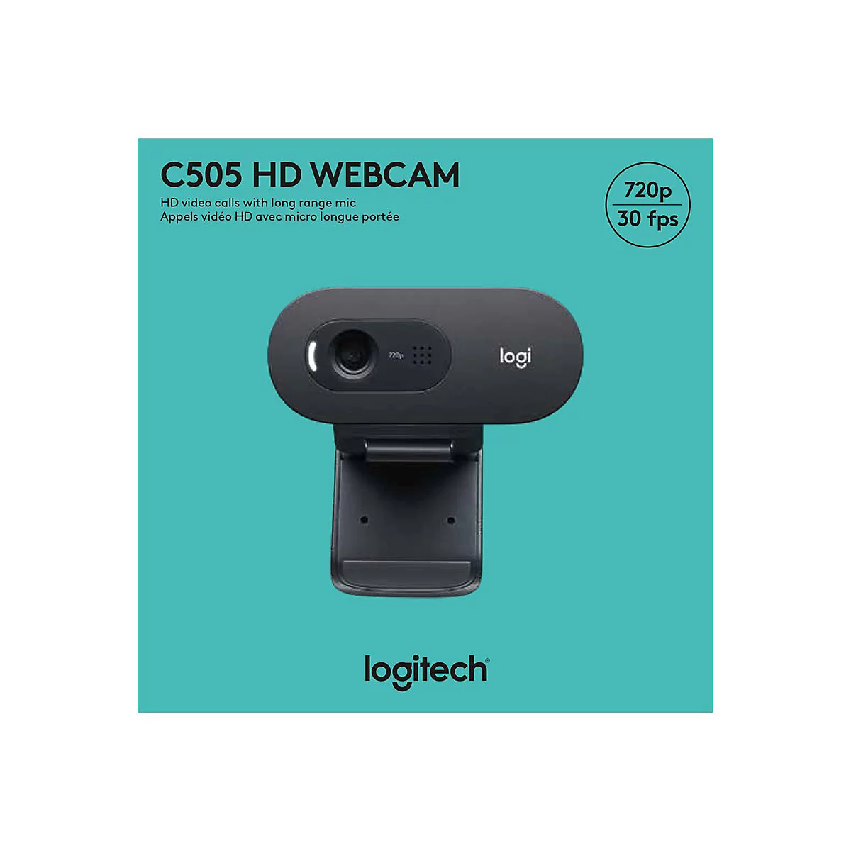 Schwarze Logitech C505 HD Webcam. Aufschrift: 720p, 30fps.