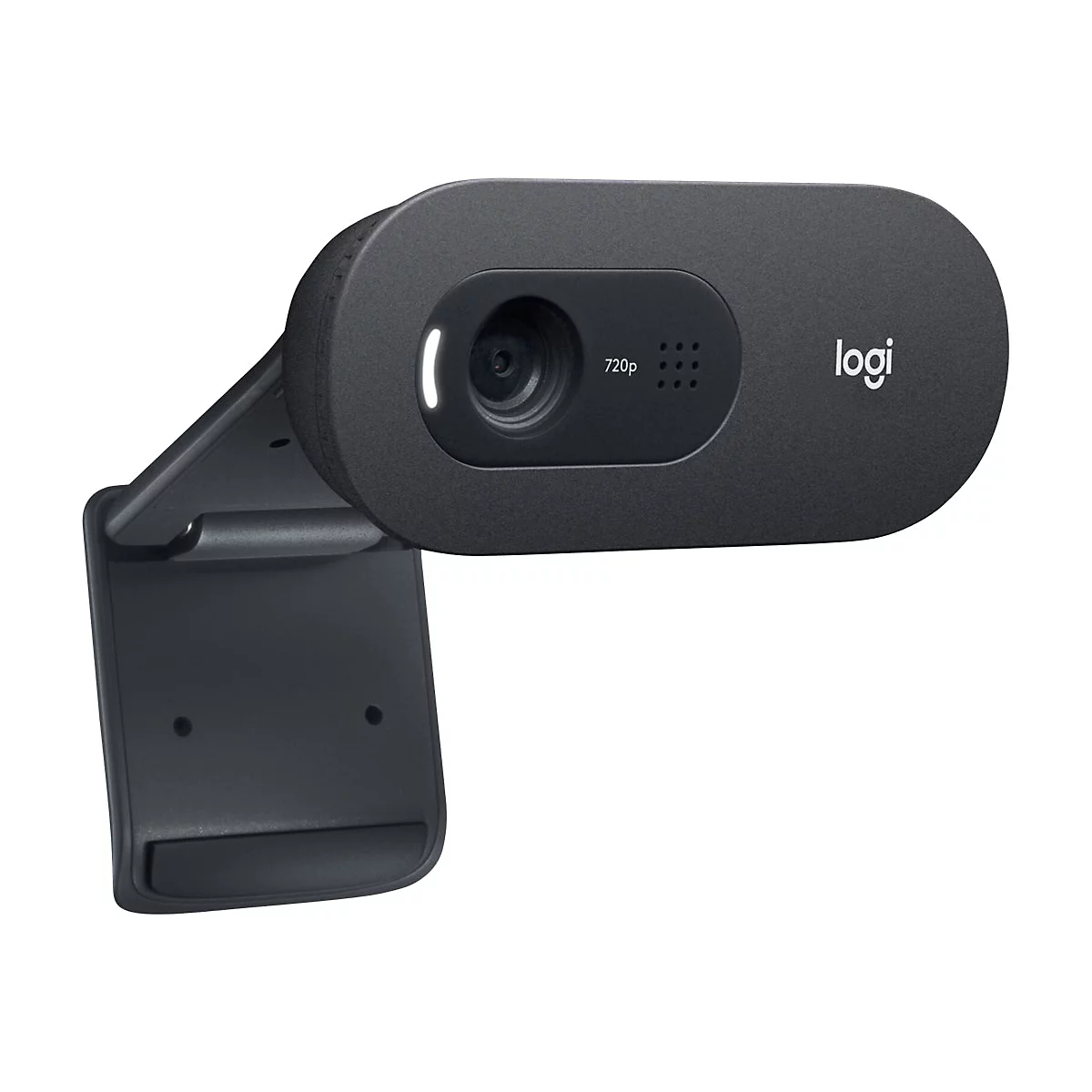 Schwarze Logitech Webcam mit integrierter Halterung und Logo.