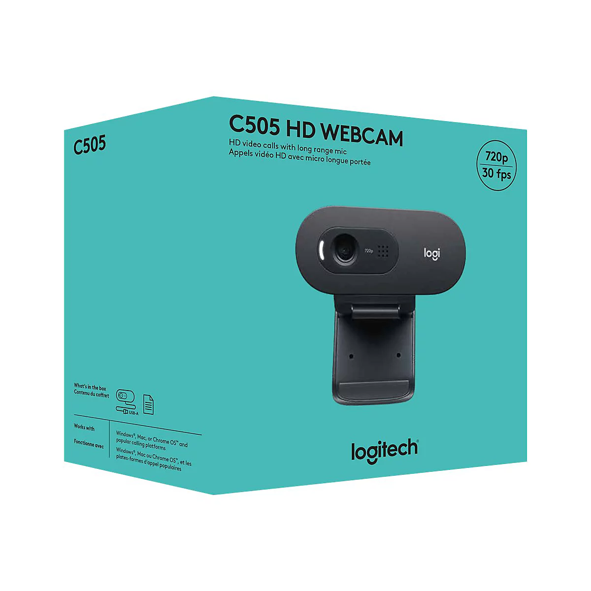 Eine schwarze Webcam vor einer tÃ¼rkisfarbenen Box. Auf der Box stehen Produktnamen und Spezifikationen.