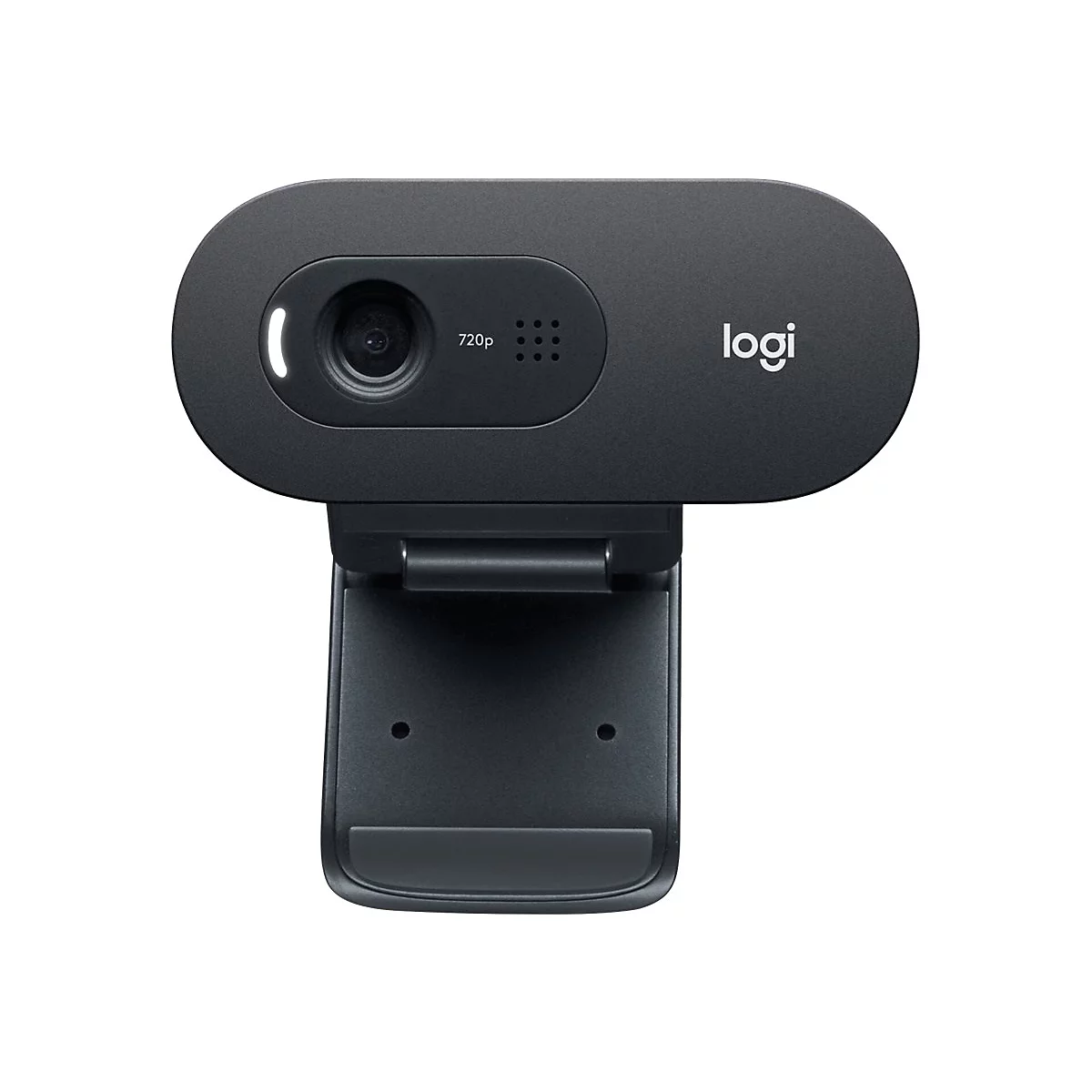 Schwarze Webcam mit ovalem GehÃ¤use und Logi-Logo. 720p-Anzeige, Befestigung fÃ¼r Monitor.