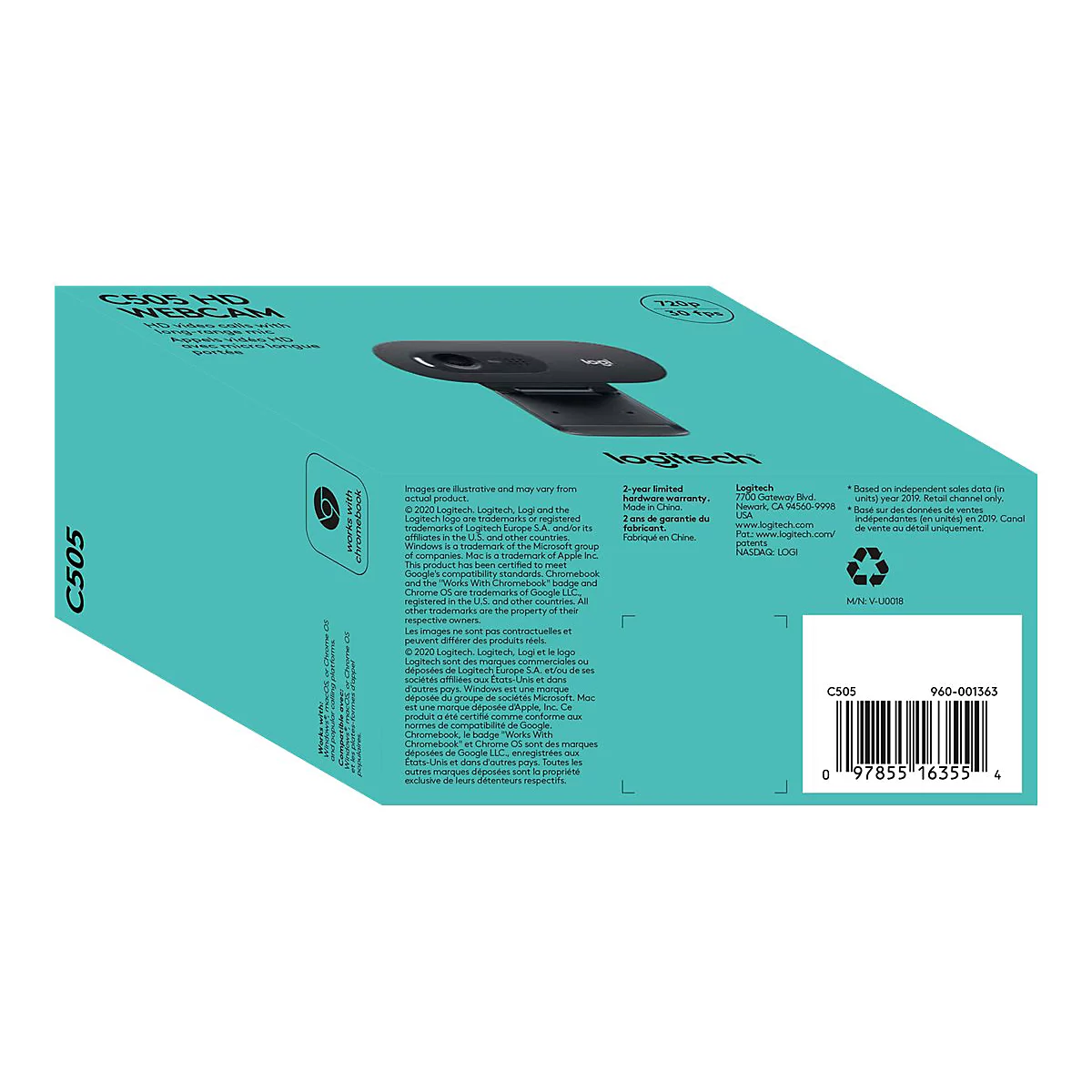 TÃ¼rkisgrÃ¼ne Webcam-Verpackung, seitlich betrachtet. Oben steht C505 HD WEBCAM, darunter die Webcam-Skizze.