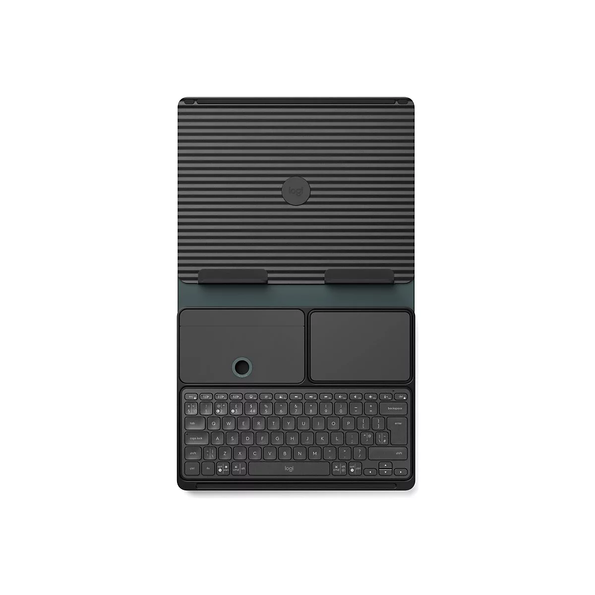 Draufsicht auf ein Tablet mit Tastatur. Das Cover ist dunkelgrau mit horizontalen Streifen, das Tablet ist grau mit Tastatur und Touchpad.