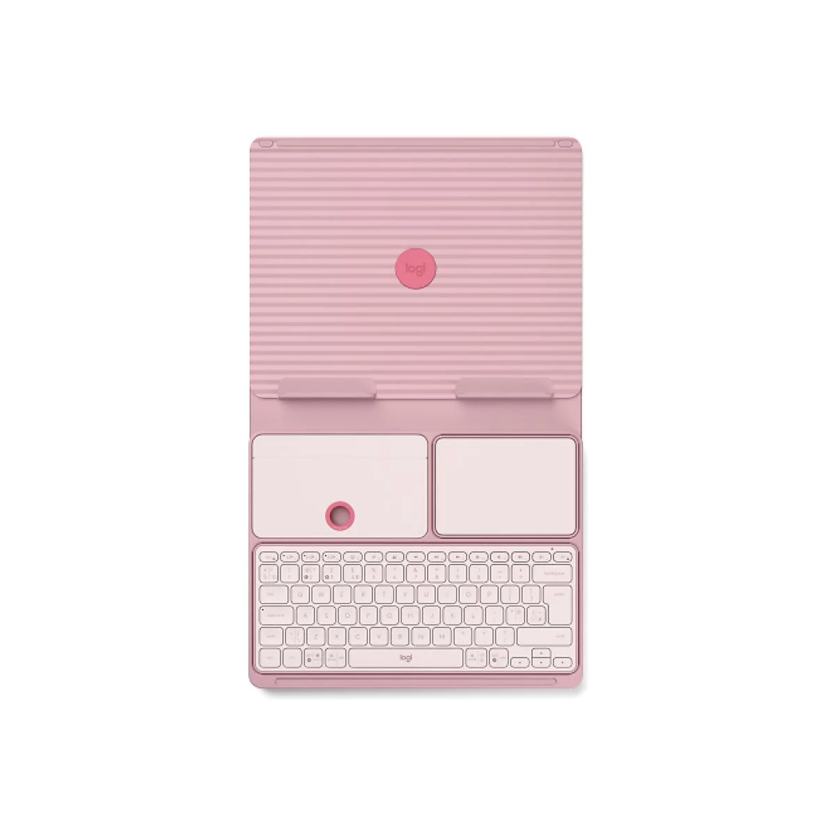 Hellrosa Tastatur und Tablet-Halterung mit Logo. Obere Hälfte geriffelt, untere Hälfte mit Tastenfeld, Touchpad.