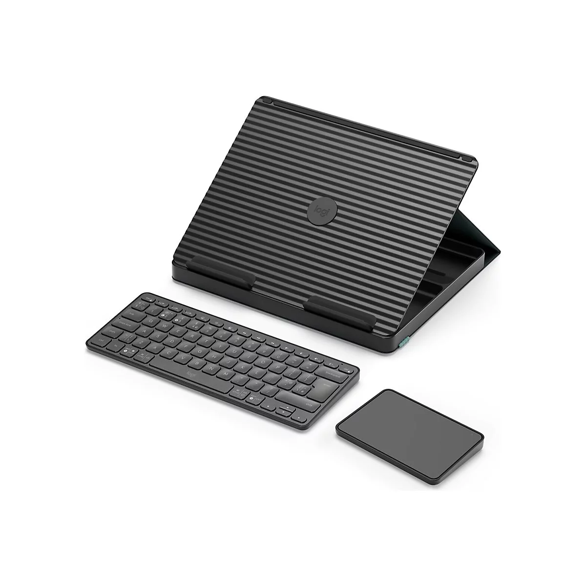 Schwarzes Logitech iPad-Zubehör-Set, bestehend aus Tastatur, Trackpad und Ständer, vor weißem Hintergrund.