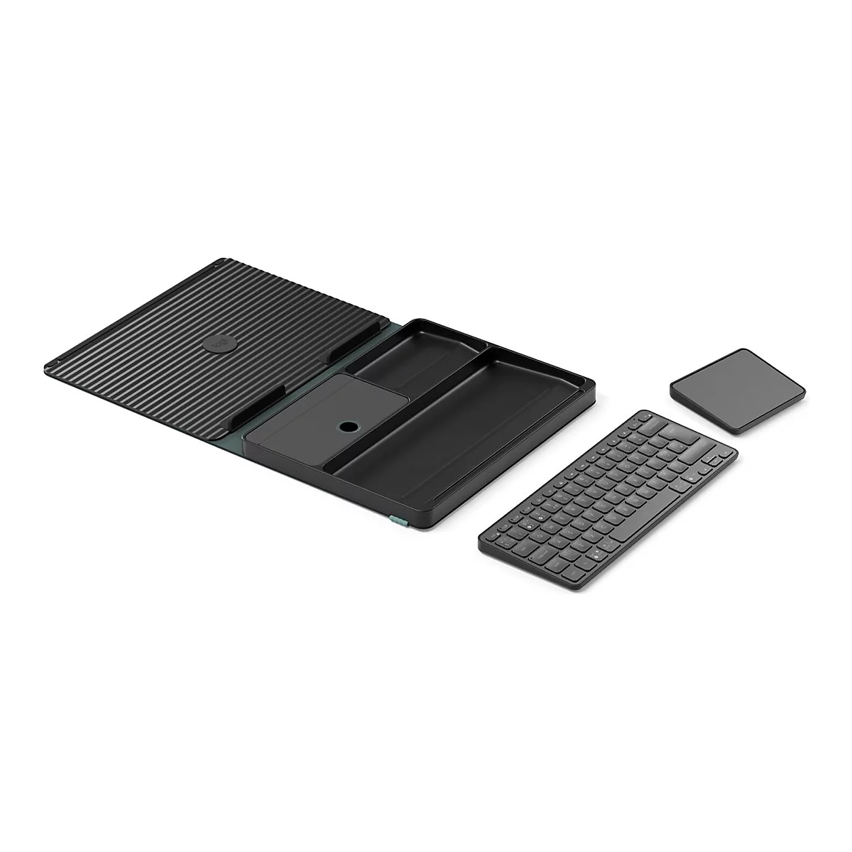 Schwarzes Laptop-Zubehör-Set auf weißem Grund, inklusive Tastatur, Trackpad und Ablage mit verschiedenen Fächern.