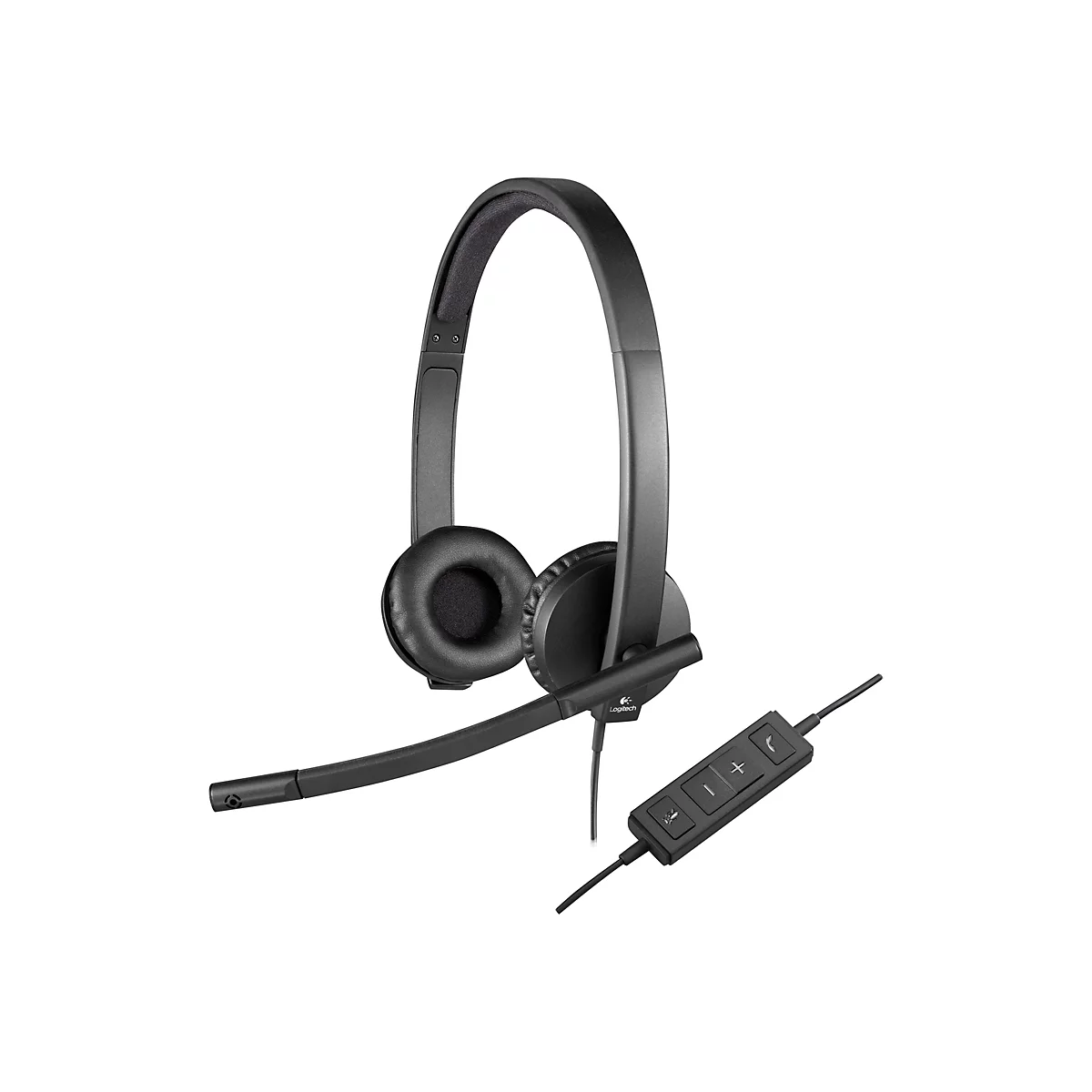 Casque Logitech noir avec microphone et commande filaire, sur fond blanc. Les écouteurs, le serre-tête et le microphone sont clairement visibles.