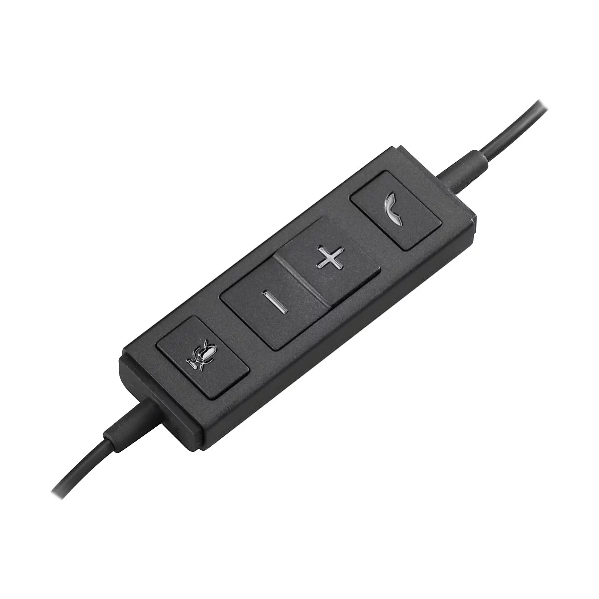 Télécommande noire avec symboles de microphone, de volume et d'appel.