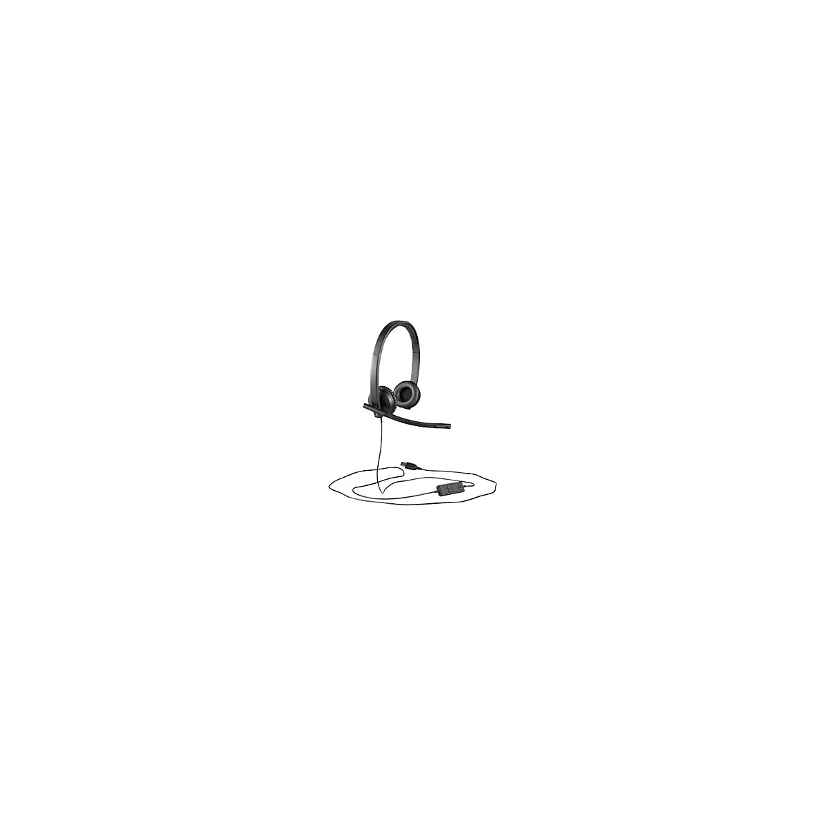 Casque noir avec microphone et câble connecté à une télécommande et une prise USB. Sur fond blanc.