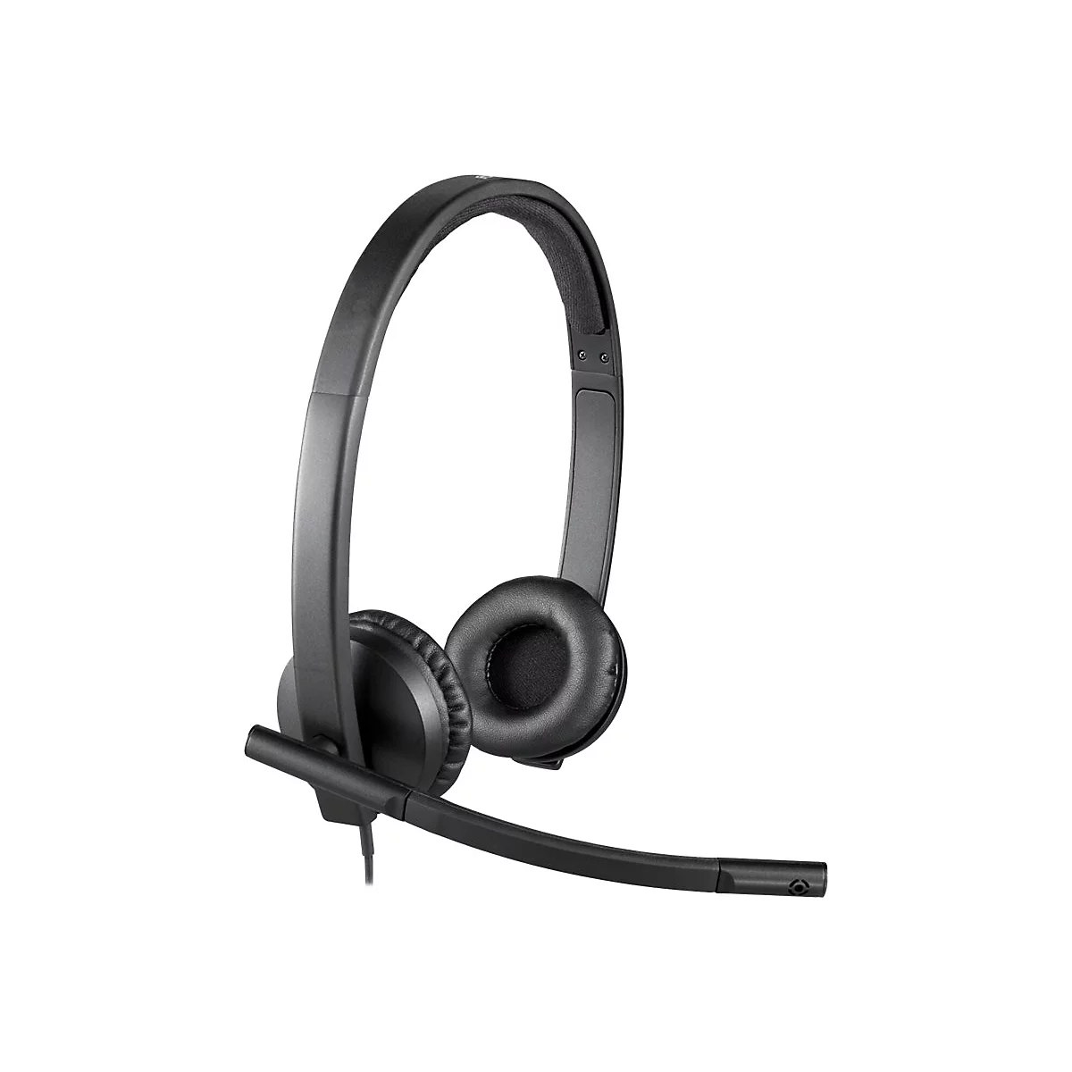 Casque noir avec serre-tête et microphone, sur fond blanc.