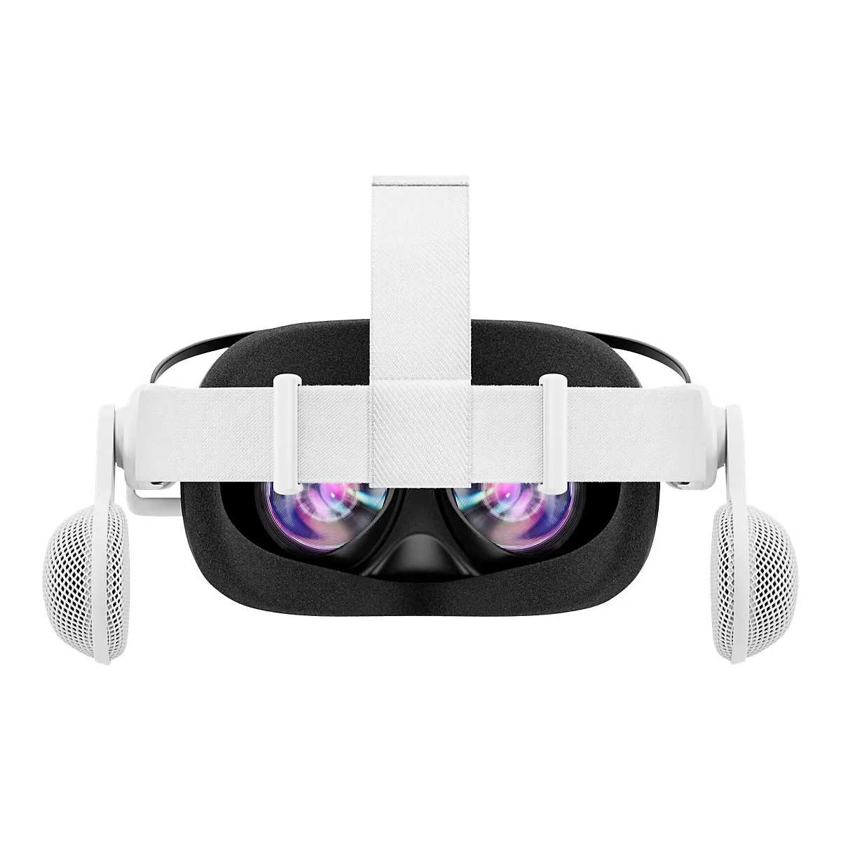 VR-Brille, schwarzes Gesichtsteil, weiße Kopfband und Ohrmuscheln. Linsen mit reflektierenden Farben. Neutraler Hintergrund.