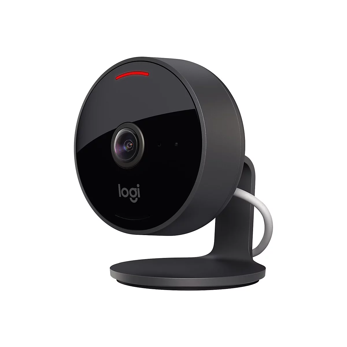 Eine schwarze Logitech-Webcam mit einem runden Kopf und StandfuÃŸ. Ein rotes Licht ist am oberen Rand zu sehen, das Logo ist unten.