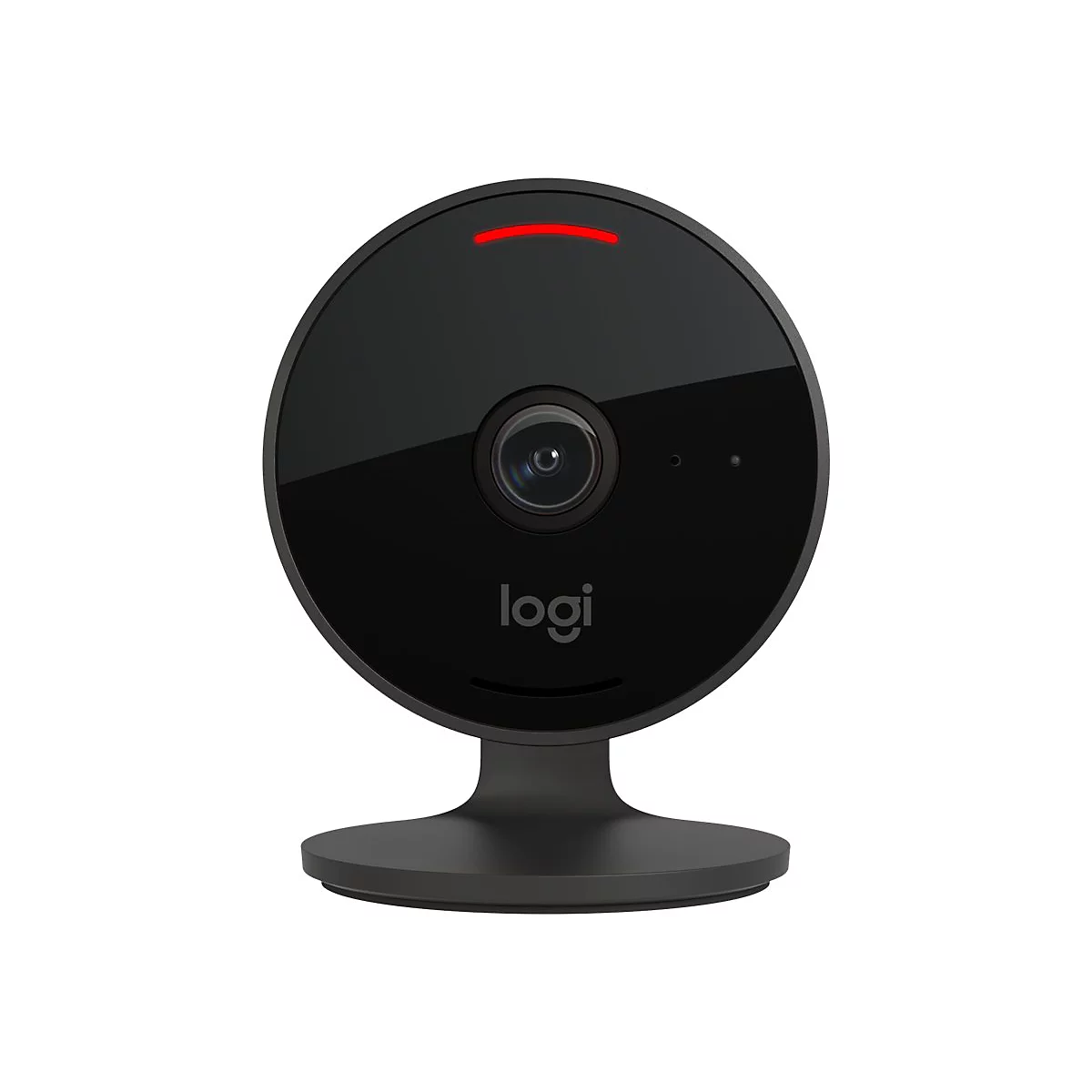 Schwarze Webcam mit roter LED-Leiste und Logo logi.