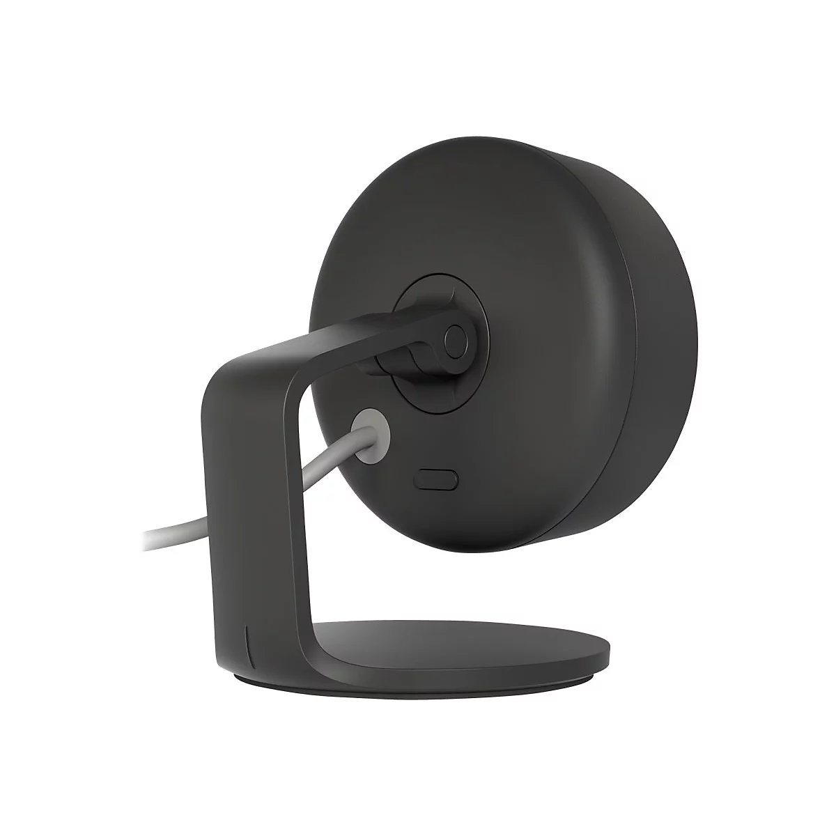 Dunkle Sicherheitskamera mit rundem Kopf, Halterung und Sockel, grau-weiÃŸes Kabel.