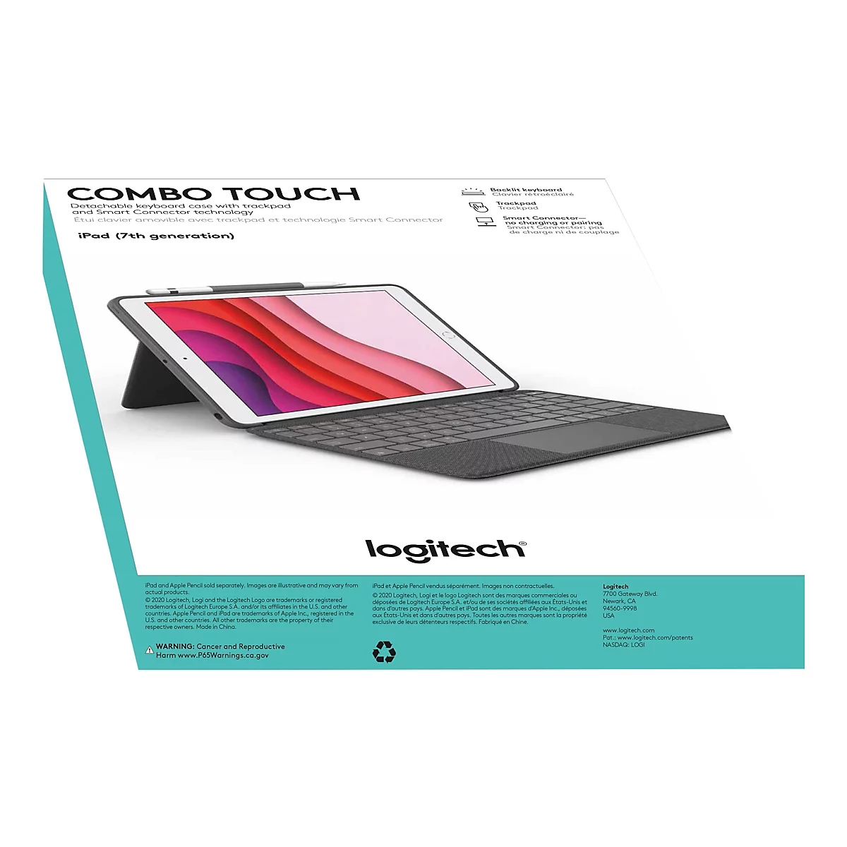 Ein iPad mit TastaturhÃ¼lle der Marke Logitech, Combo Touch, auf Verpackung abgebildet.