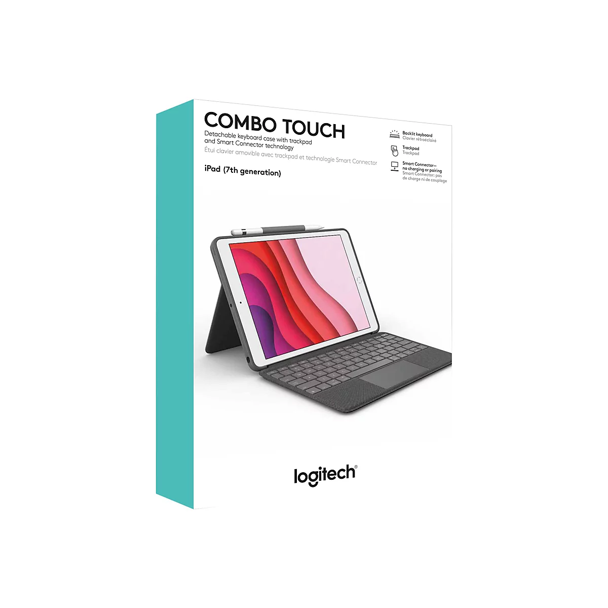 Logitech Combo Touch HÃ¼lle mit Tastatur und iPad (7. Generation). Die Verpackung zeigt ein iPad in der HÃ¼lle.