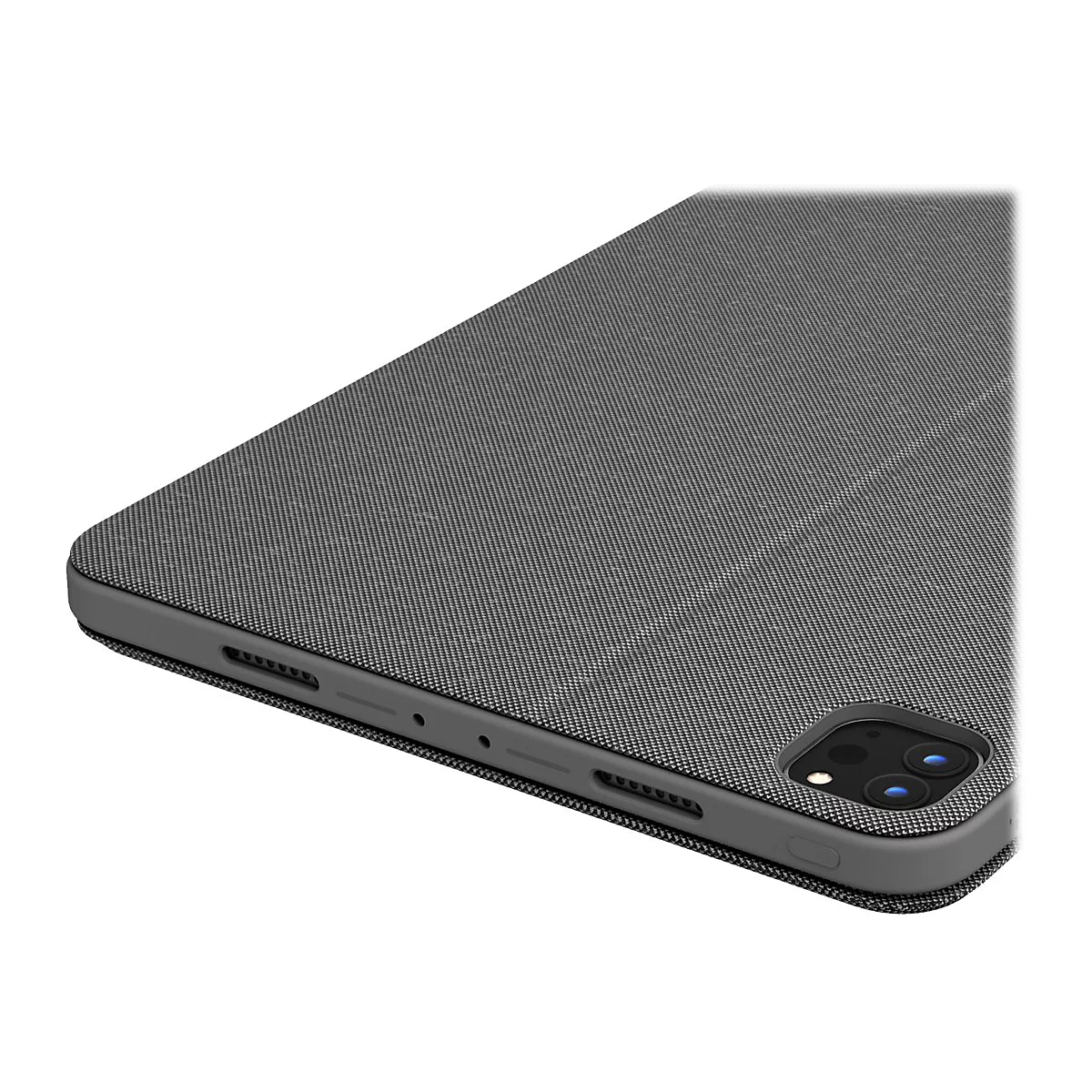 Graues iPad mit einer StoffhÃ¼lle, Blick auf die Ecke mit LautsprecherÃ¶ffnungen und Kameras.