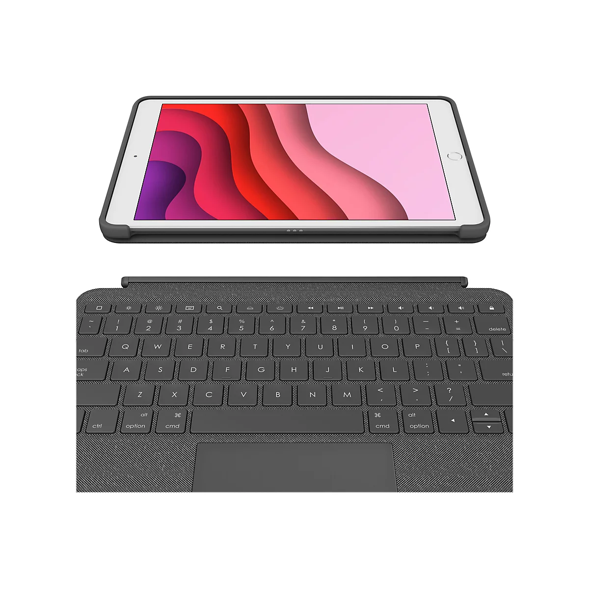 Ein graues Tablet mit einer farbenfrohen Oberfläche liegt auf einer grauen Tastatur. Beide Geräte sind vor weißem Hintergrund abgebildet.
