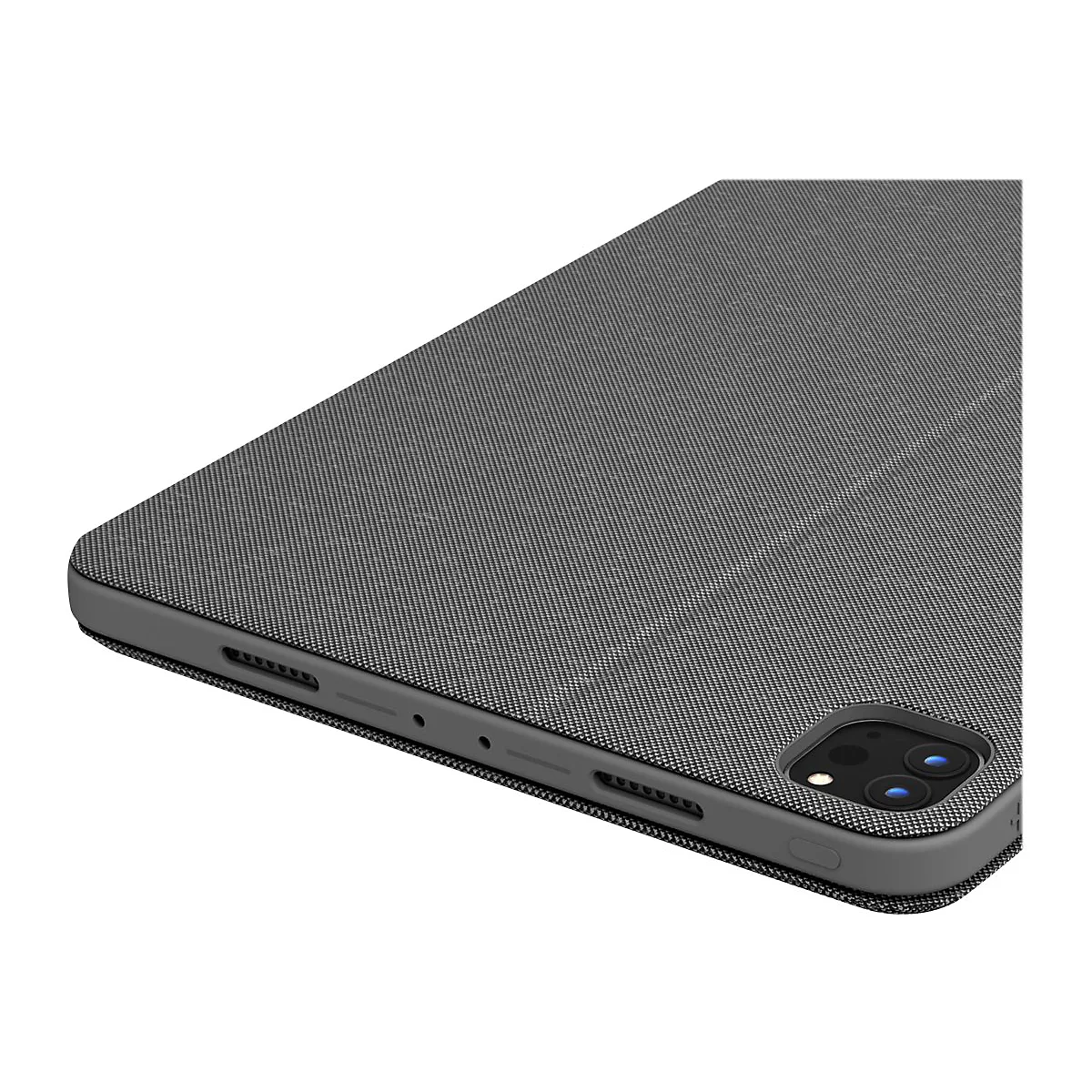 Graue iPad-Hülle, schräg von oben rechts fotografiert. Die Hülle hat eine strukturierte Oberfläche und umfasst die Ecken des iPads. Die Kamera ist zu sehen.