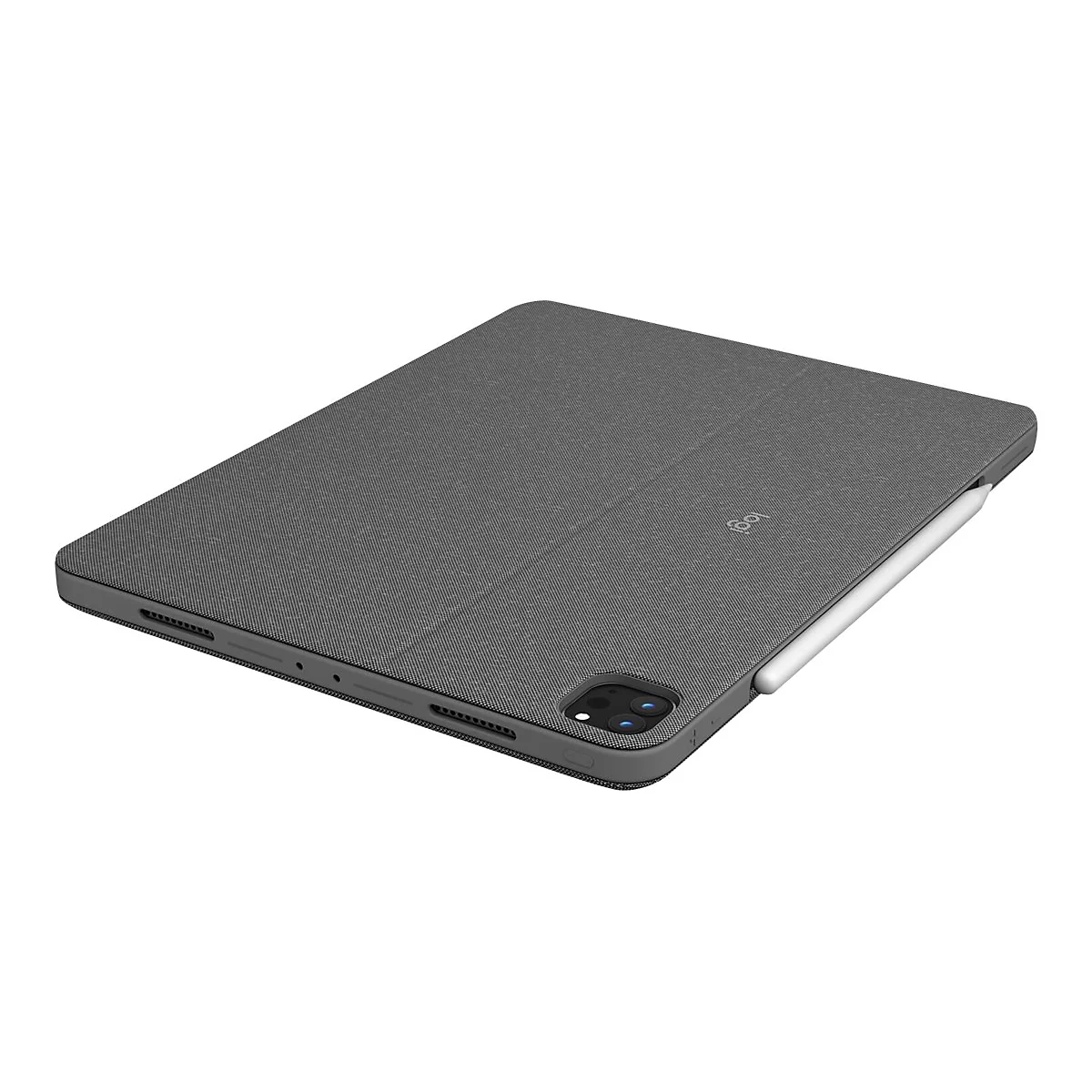 Graue Tablet-Hülle mit Stylus, Logo von Logitech.