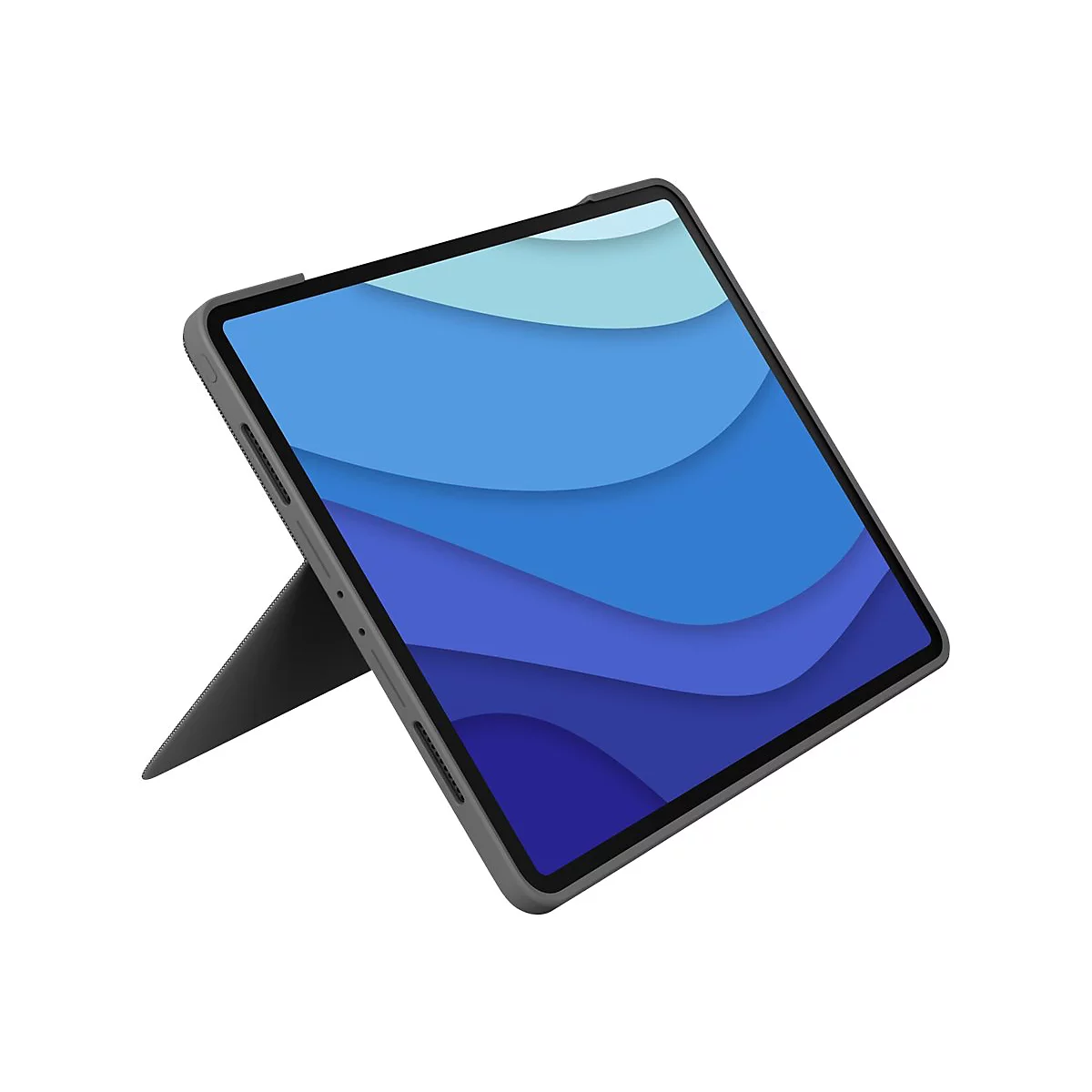 Ein graues Tablet in einer Schutzhülle steht aufrecht, der Bildschirm zeigt blaue Wellen. Ein schwarzer Ständer hält es.