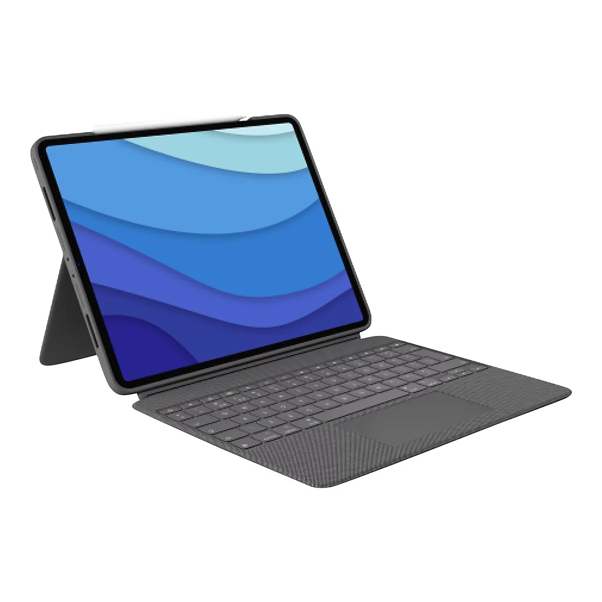 Ein graues Tablet mit angeschlossenem Keyboard, Stift am Rand. Bildschirm zeigt blaue Wellen. Hintergrund weiß.