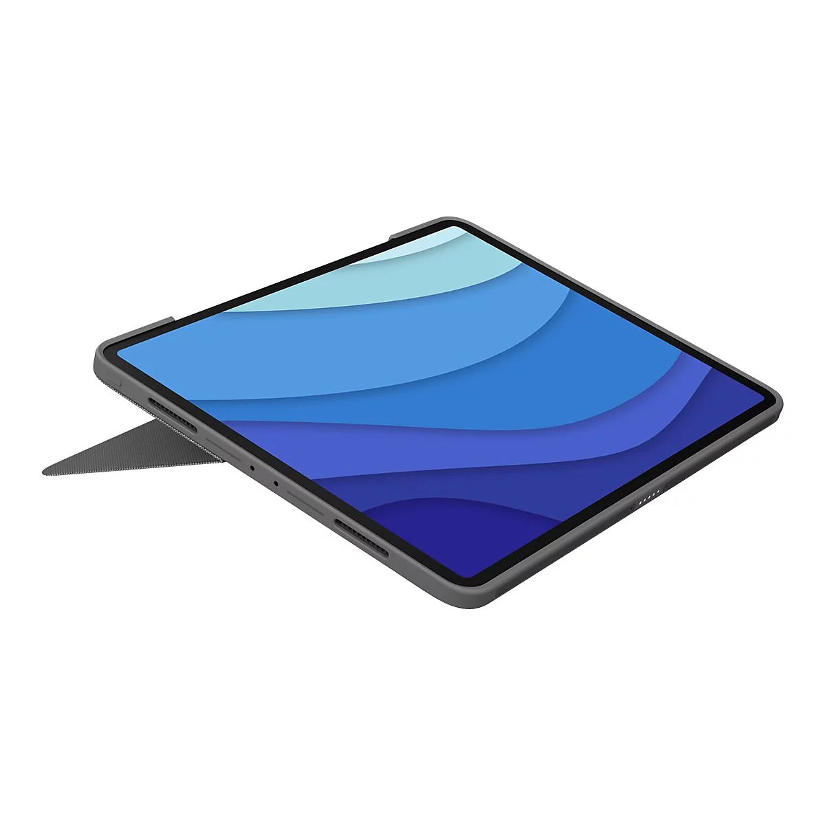 Dunkelgraues Tablet mit Schutzhülle, das Display zeigt blaue Wellen. Die Hülle dient als Ständer.