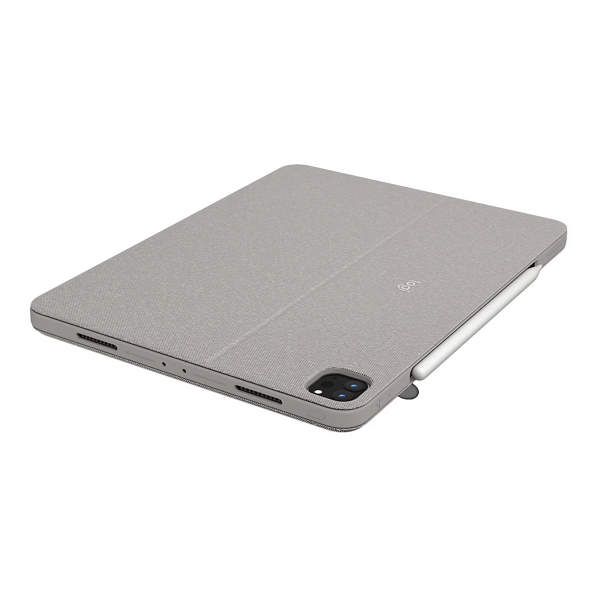 Hellgraues Tablet mit Stift und HÃ¼lle, diagonaler Blickwinkel. Der Stift wird an der Seite des Tablets gehalten.