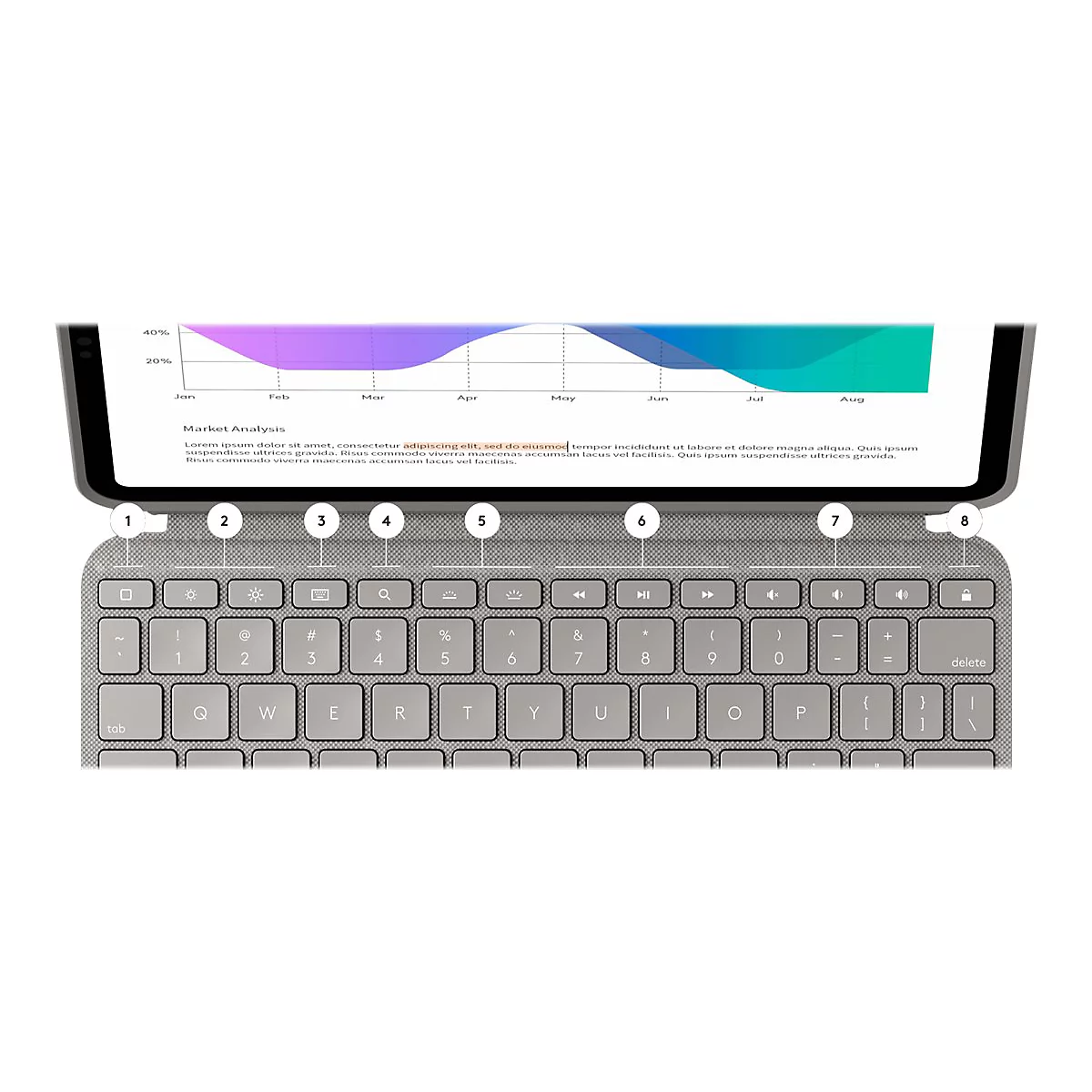 Graue Tastatur mit Tablet, auf dem ein Diagramm angezeigt wird.