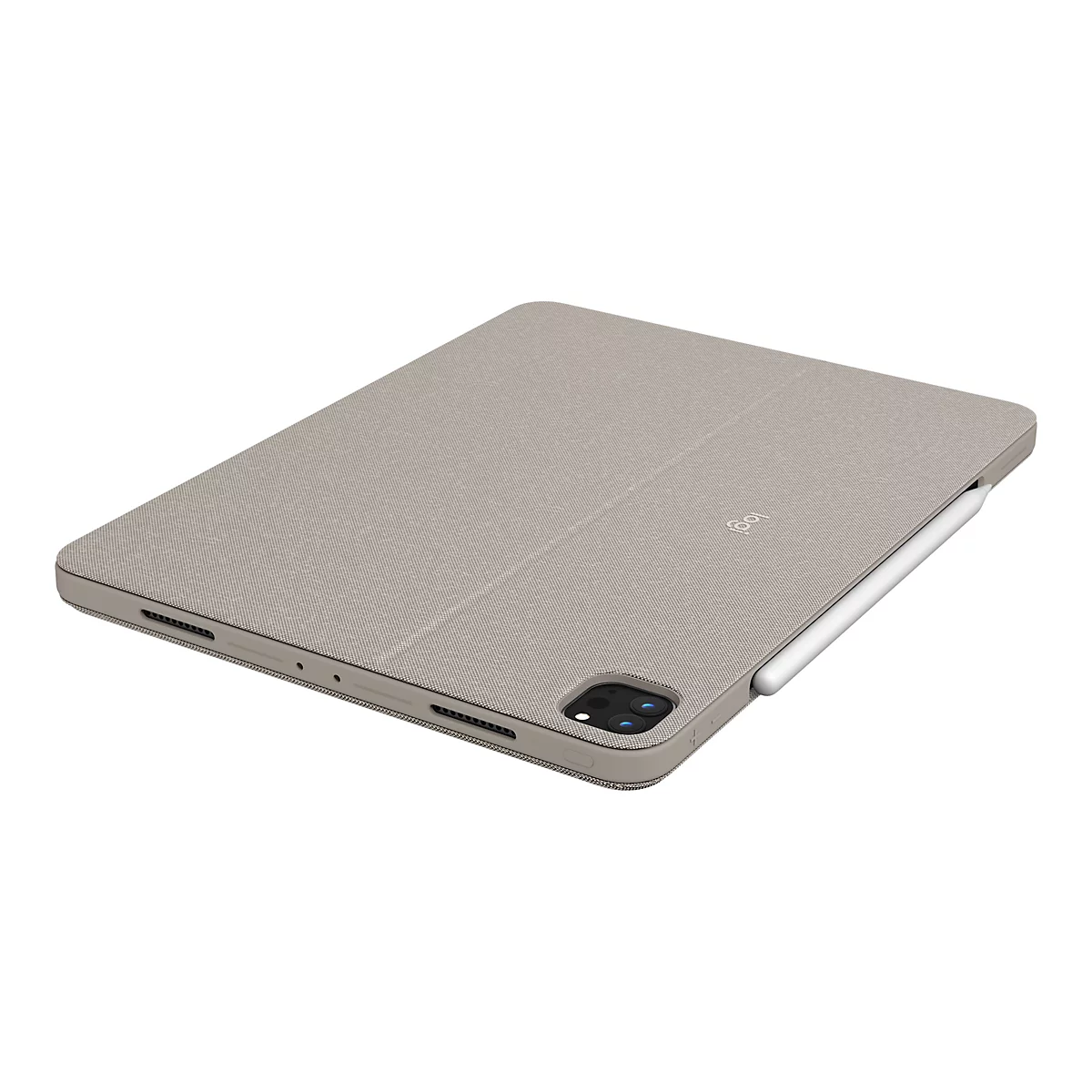 Hellgraues iPad Pro mit Hülle und Stift. Die Hülle ist geschlossen und hat eine leicht strukturierte Oberfläche. Der Stift ist seitlich angedockt.