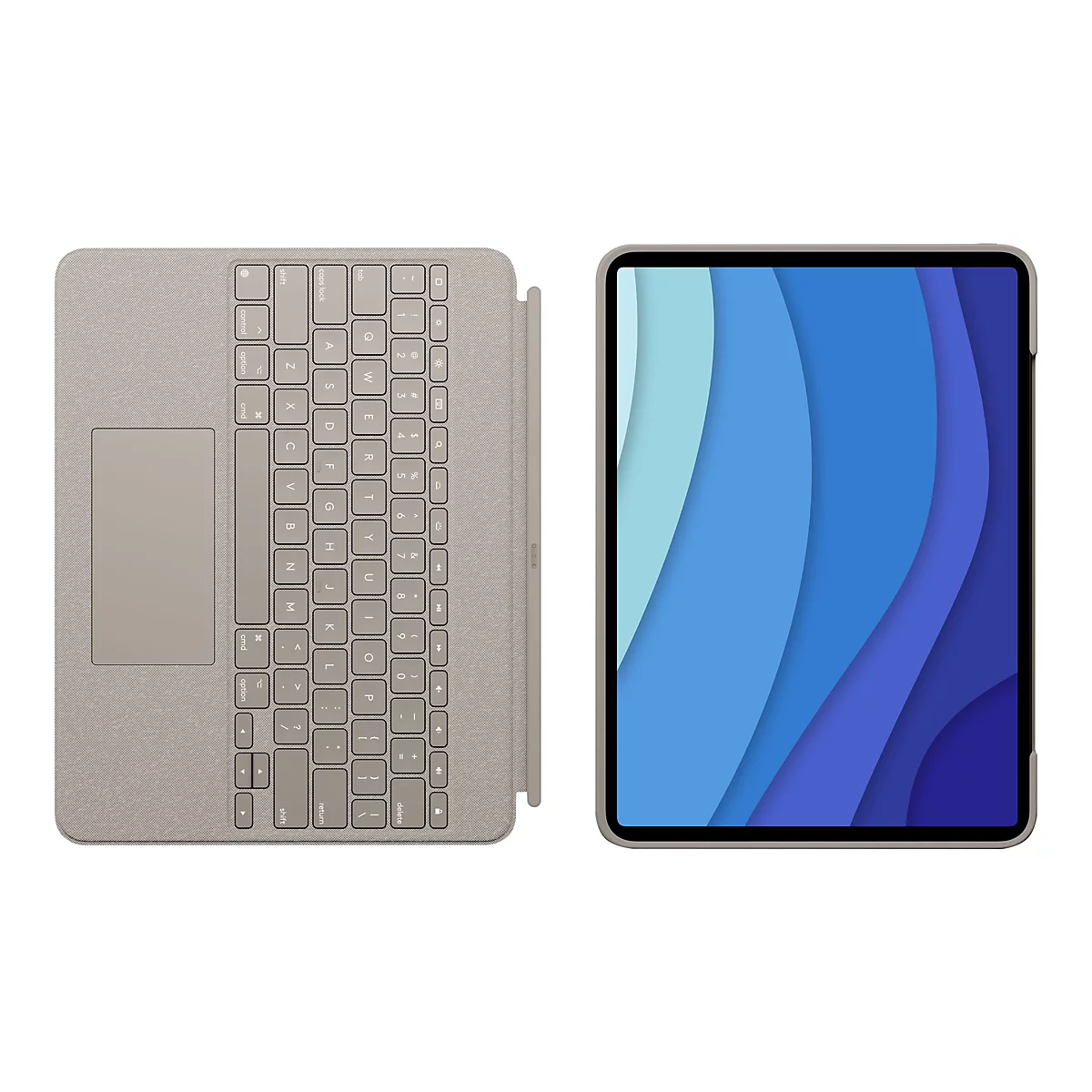 Hellgraues Tablet mit abnehmbarer Tastatur. Auf dem Bildschirm blaue Farbverläufe.