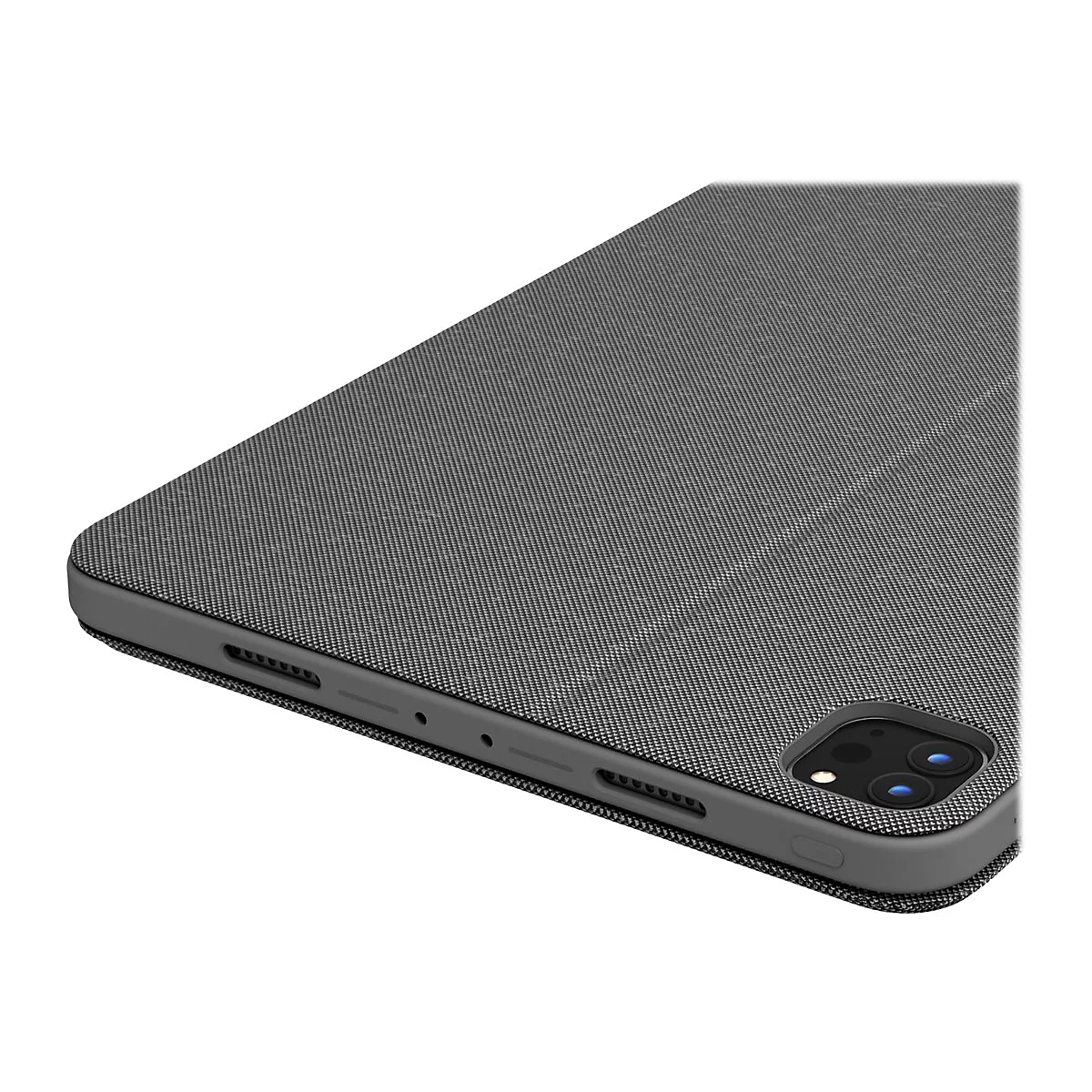 Detailaufnahme einer grauen Tablet-Hülle. Die Hülle zeigt Details wie Lautsprecher, Kamera und eine strukturierte Oberfläche.