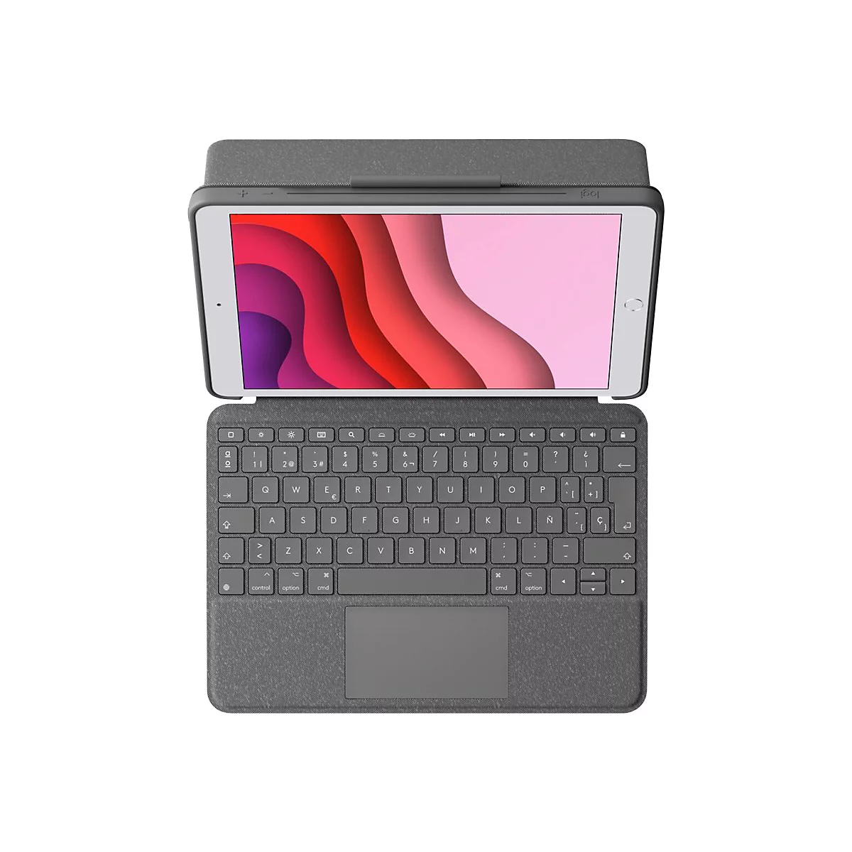 Draufsicht auf ein Tablet in einer grauen Tastaturhülle. Der Bildschirm zeigt eine abstrakte, farbenfrohe Illustration. 
