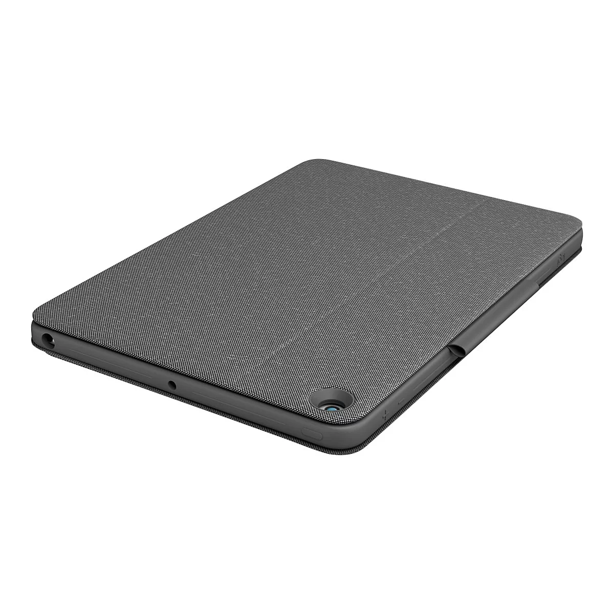 Dunkelgraue Tablet-Hülle, leicht schräg von oben abgebildet, mit texturierter Oberfläche. Details wie Anschlüsse sind erkennbar.